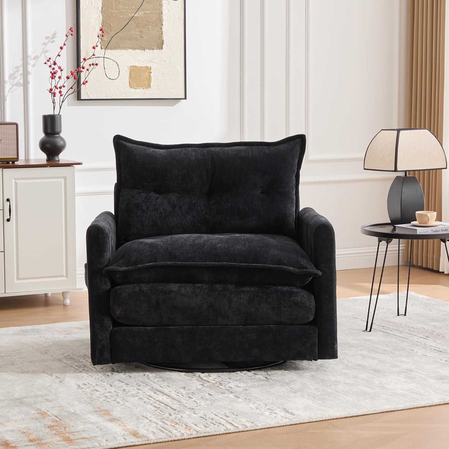 Swivel Accent Chair, 360° Rotating Square Arm Chair, Modern Accent Chair with Solid Metal Base, Chenille Comfy Upholstered Single Sofa for Living Room Bedroom Office (Gray)