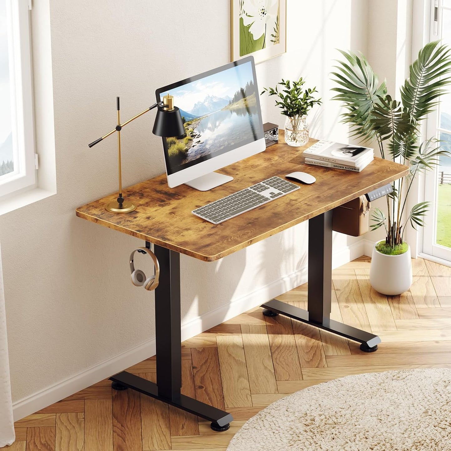 Veken 47.2" Standing Desk, Adjustable Height Office Desk with Wood Desktop, Computer Table for Home Work, Study and Gaming, Small Spaces, Modern Furniture,Brown