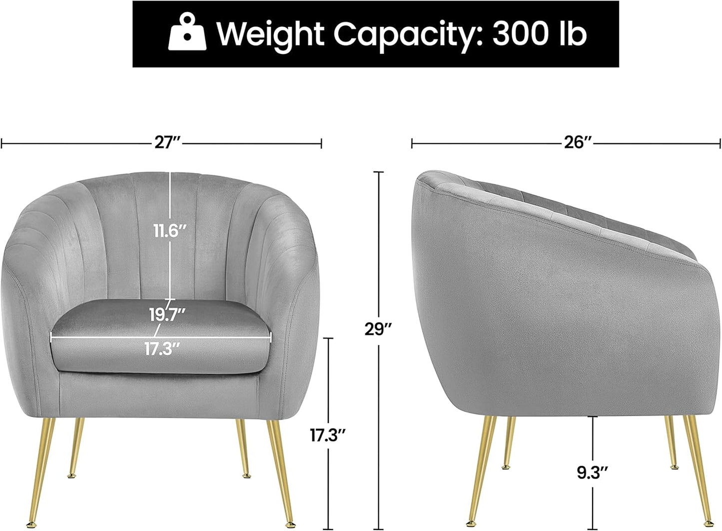 Topeakmart Velvet Accent Chair, Barrel Chair with Golden Metal Legs, Modern Leisure Chair for Living Room Bedroom Office Waiting Room, Set of 2, Gray