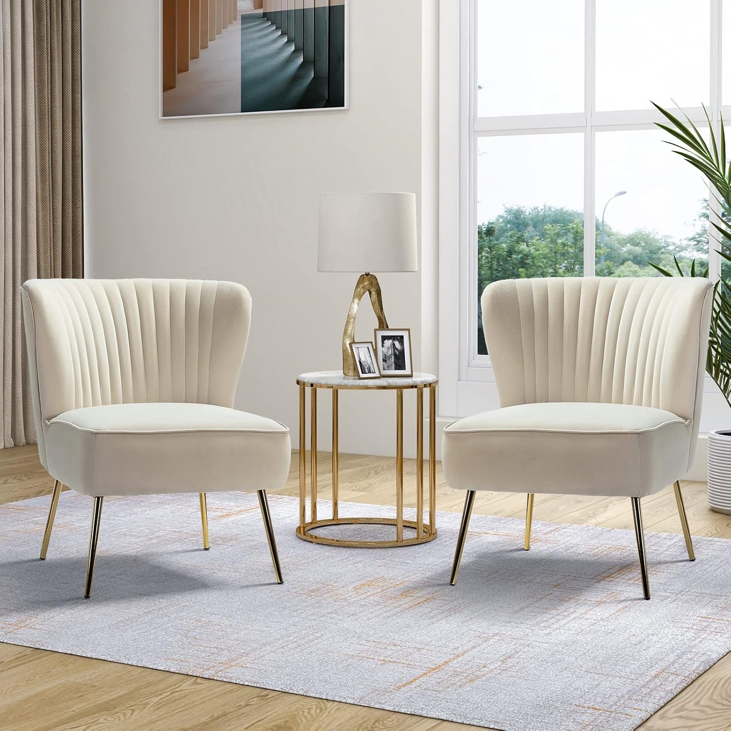 TINA'S HOME Velvet Accent Chair Set of 2 with Metal Golden Legs, Upholstered Armless Slipper Chair with Wingback, Mid Century Side Chair for Living Room Bedroom Makeup Vanity- Red