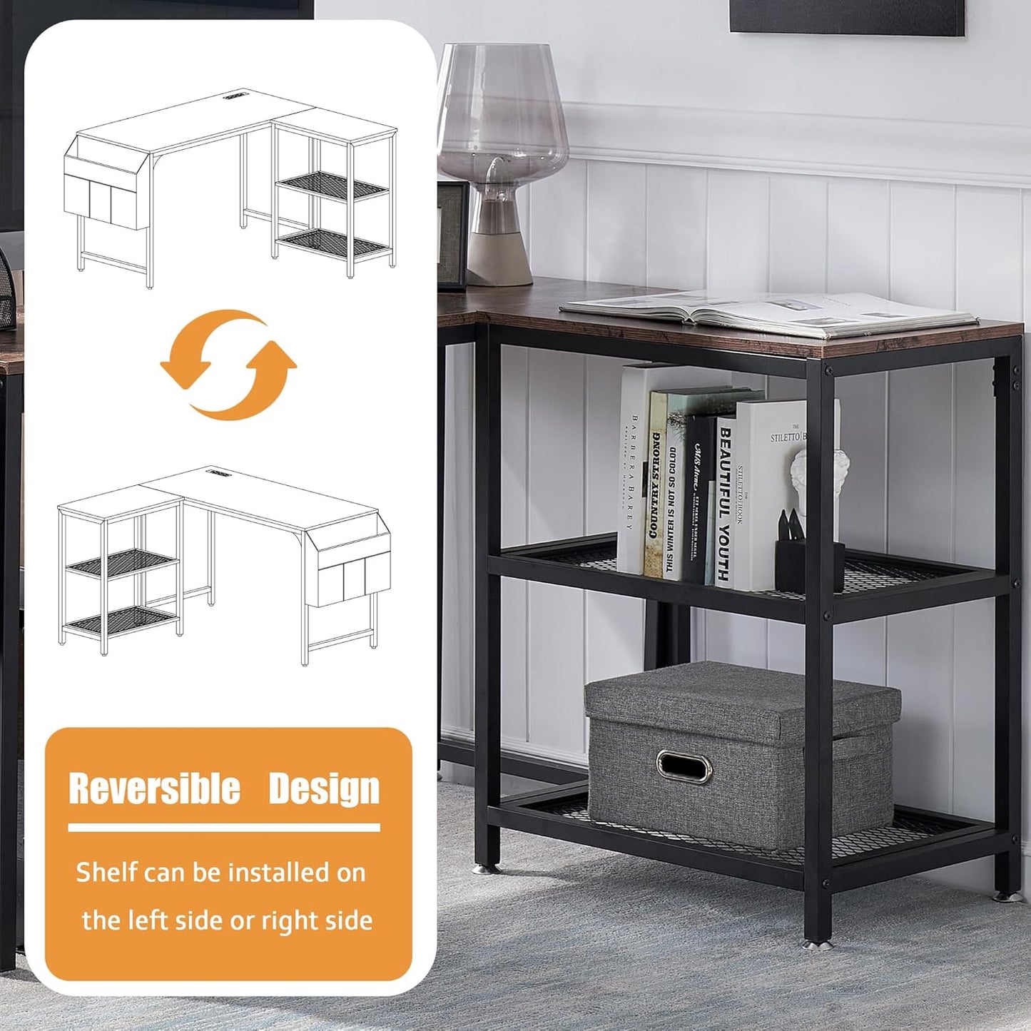 VECELO L Shaped Computer Desk with Storage Bag & Reversible Shelves, 47" PC Wooden Table for Home Office Bedroom, Writing Study Workstation with Metal Frame, Brown