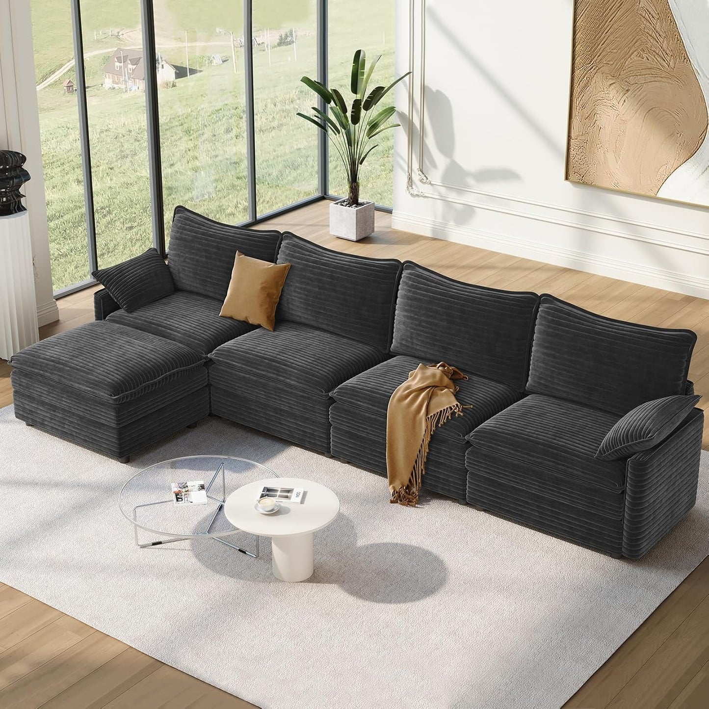 Vesgantti 108" Modular Sectional Sofa, Comfy Cloud Couch with Movable Ottoman Deep Seat Chenille L Shaped Modular Sofa, Sectional Couches for Living Room, Bedroom and Apartment, Beige