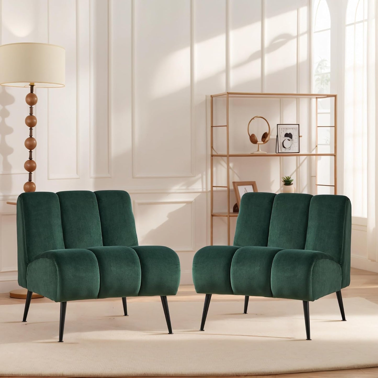 Aoiy & Wifon Velvet Accent Chair Set of 2, Single Living Room Chair with Metal Legs, Armless Reading Chair for Living Room, Beige