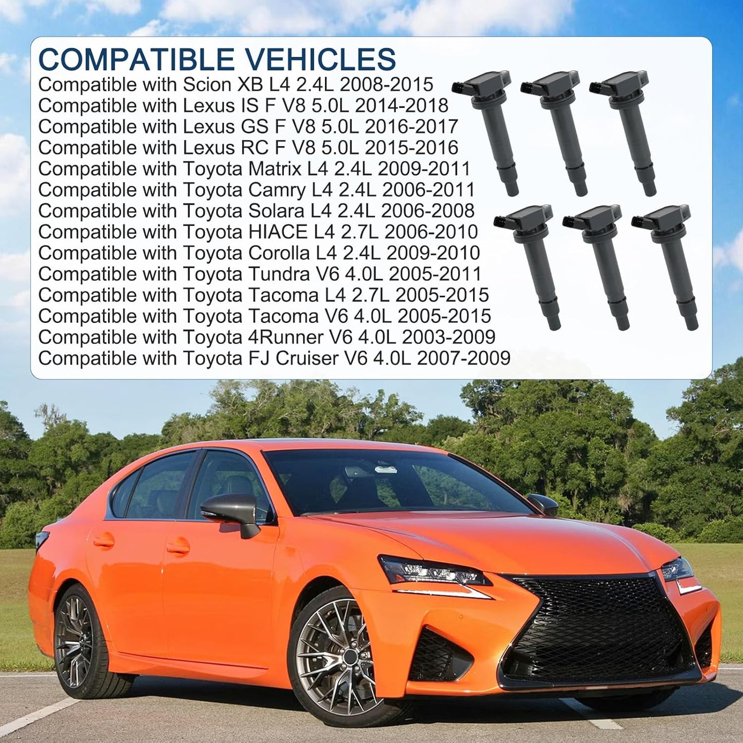 Set of 6 Ignition Coil Pack Compatible with Toyota FJ Cruiser Tacoma Tundra 4Runner V6 4.0L Replace# UF495, 90919-02248, 90919-02260, 90919-A2001, 90919-T2005