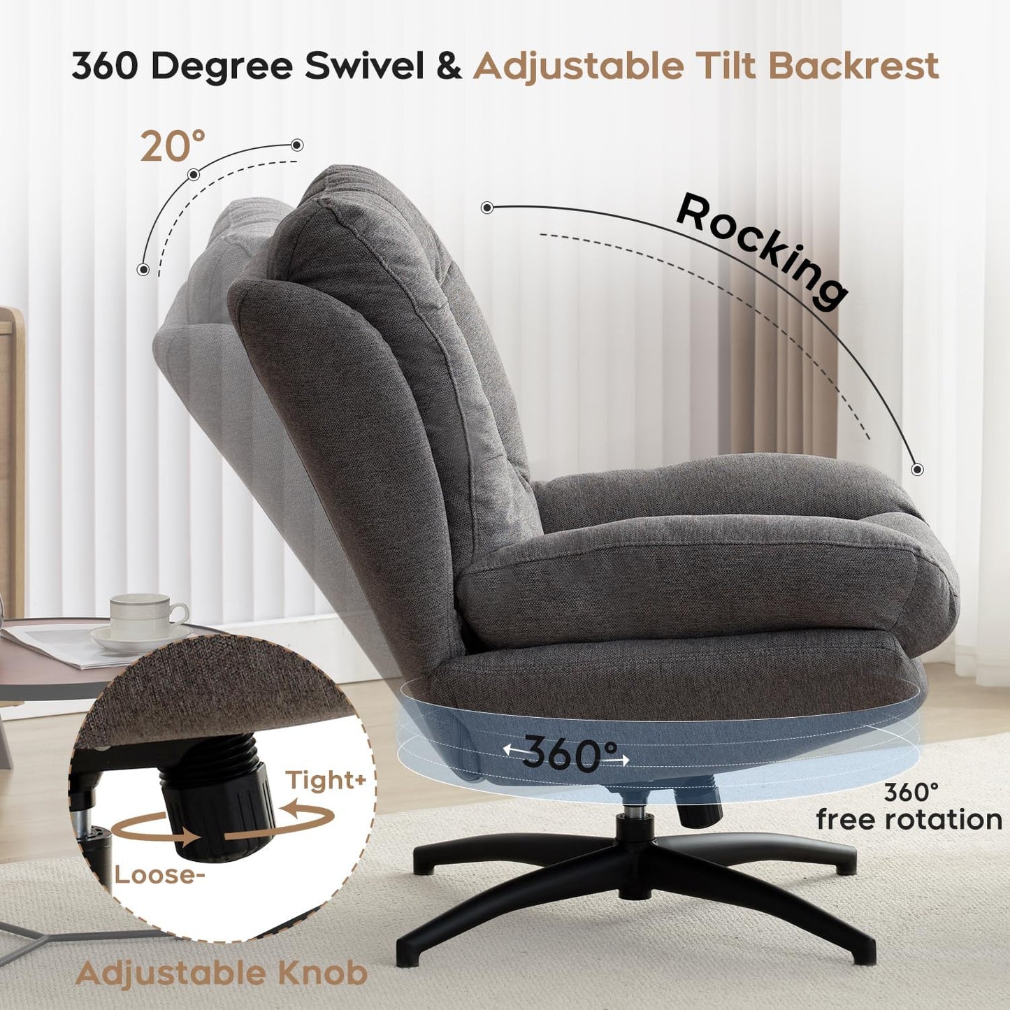 Swivel Accent Chair with Ottoman Set, TV Lounge Chair with 360 Degree Swiveling,Tilting for Living Room, Chenille Comfy Reading Chair with 23" High Back for Bedroom, Modern Armchair with Footrest,Grey