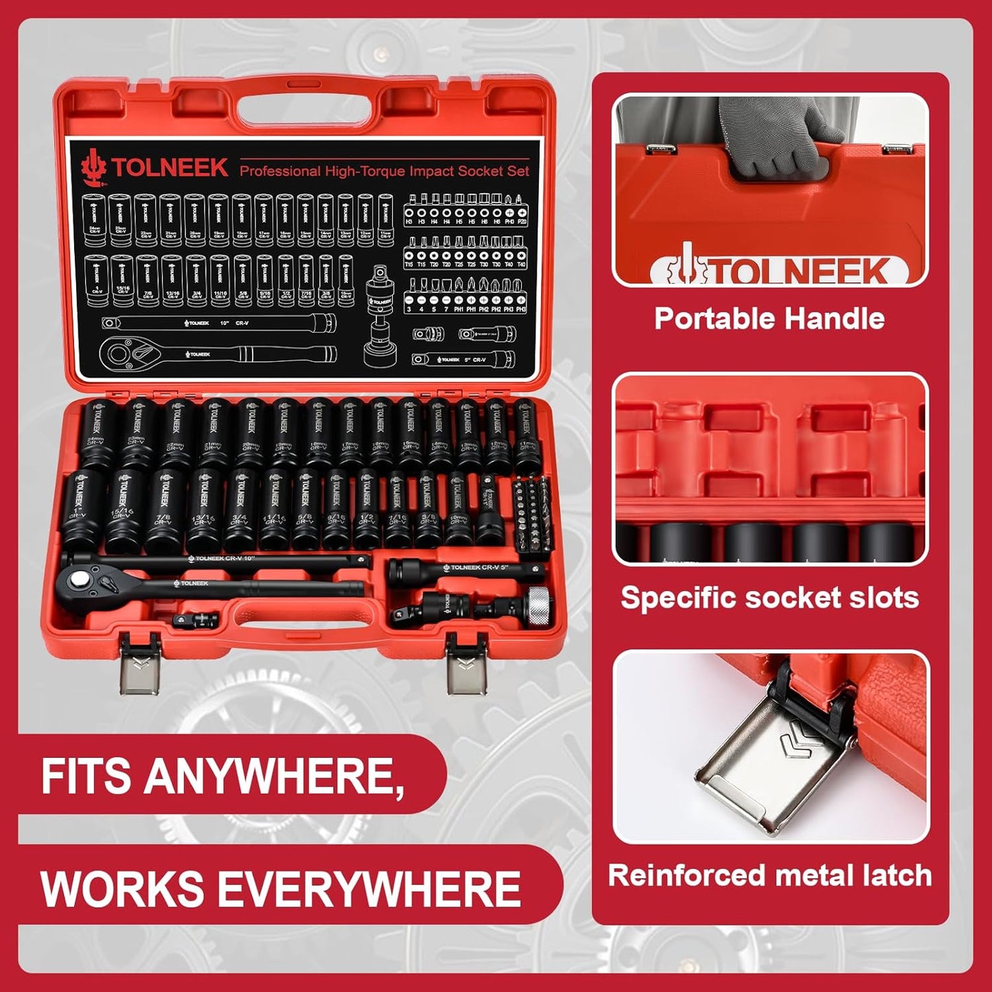 63-Piece 1/2" Drive Impact Socket Set, SAE (3/8 to 1 inch) and Metric (10-24mm) Socket Wrench Set with Extension Bars, Palm Ratchet Kit, CR-V Steel for Auto/Industrial Repairs