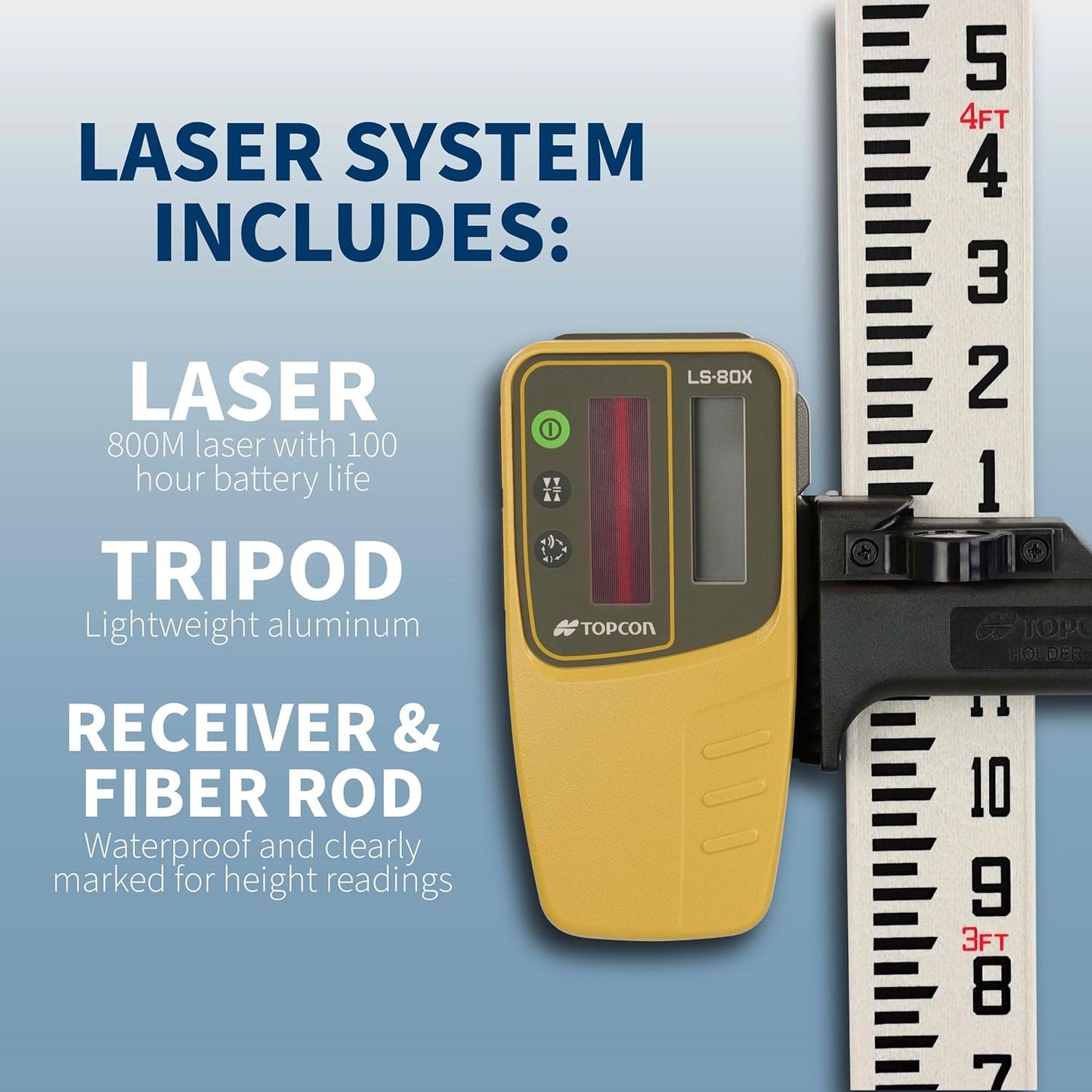 Topcon RL-H5A Laser Transit Leveler Kit - LS-80X Rotary Laser Receiver with Rod Bracket - 36-60in Precision Level 360 Laser Tripod - 13ft Fiber Rod Level Tool with Inch Increments for Construction