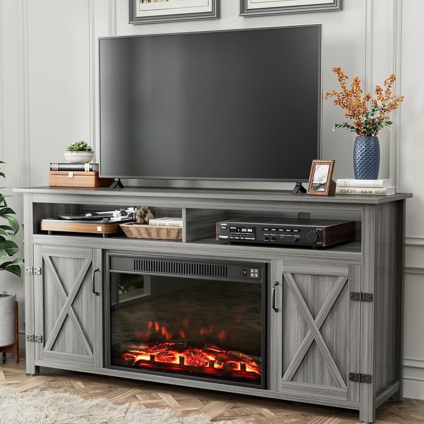 YESHOMY Farmhouse TV Stand for Televisions up to 65 Inches, Sliding Barn Doors and Storage Cabinets, Console Table and Media Furniture for Living Room, 58 Inch, Milk White