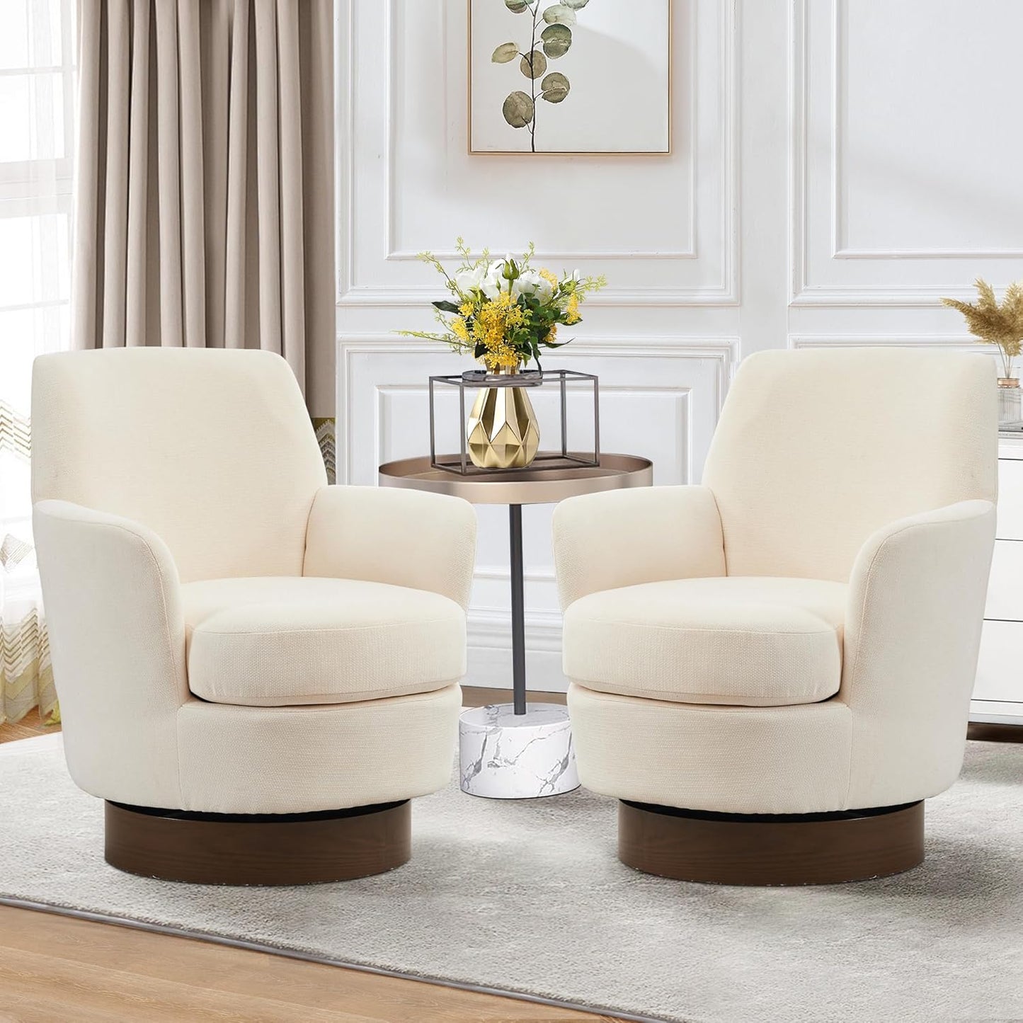 Swivel Barrel Chair Set of 2, Linen Modern Swivel Accent Chairs Armchair with Gold Stainless Steel Base, Reading Chair for Bedroom Comfy Round Barrel Chair for Living Room, Beige