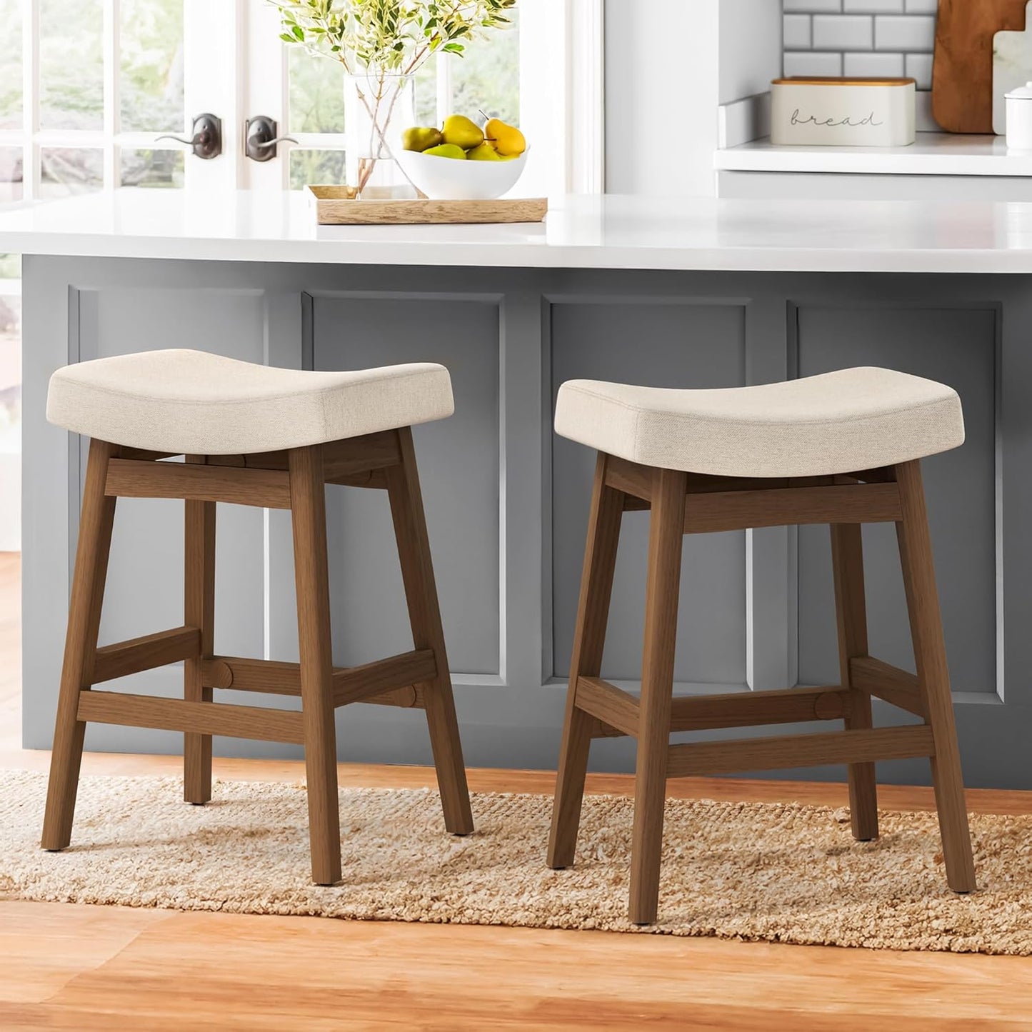 Bar Stools Set of 3, Barstools with Sturdy Wood Legs, Saddle Seat Counter Height Bar Stools for Kitchen Counter, Bar, Dining, 24 Inch Farmhouse Counter Stools, Antique White Leather