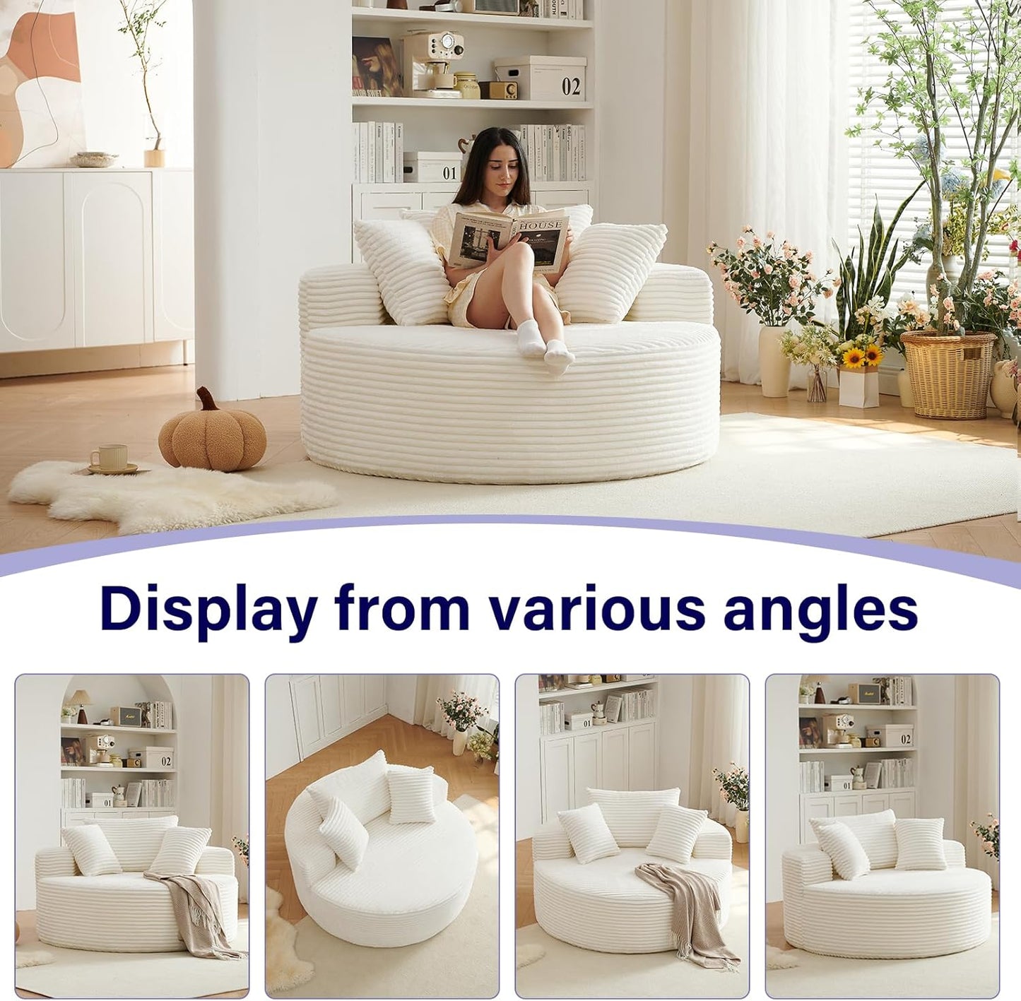 55" L Corduroy Sponge Single Sofa, Oversized Round Chair, Fluffy Modern Sleeper Chairs for Living Room, Lounge and Projection Room, Wide Armrest Lounge Chairs, Armchair with Pillow White
