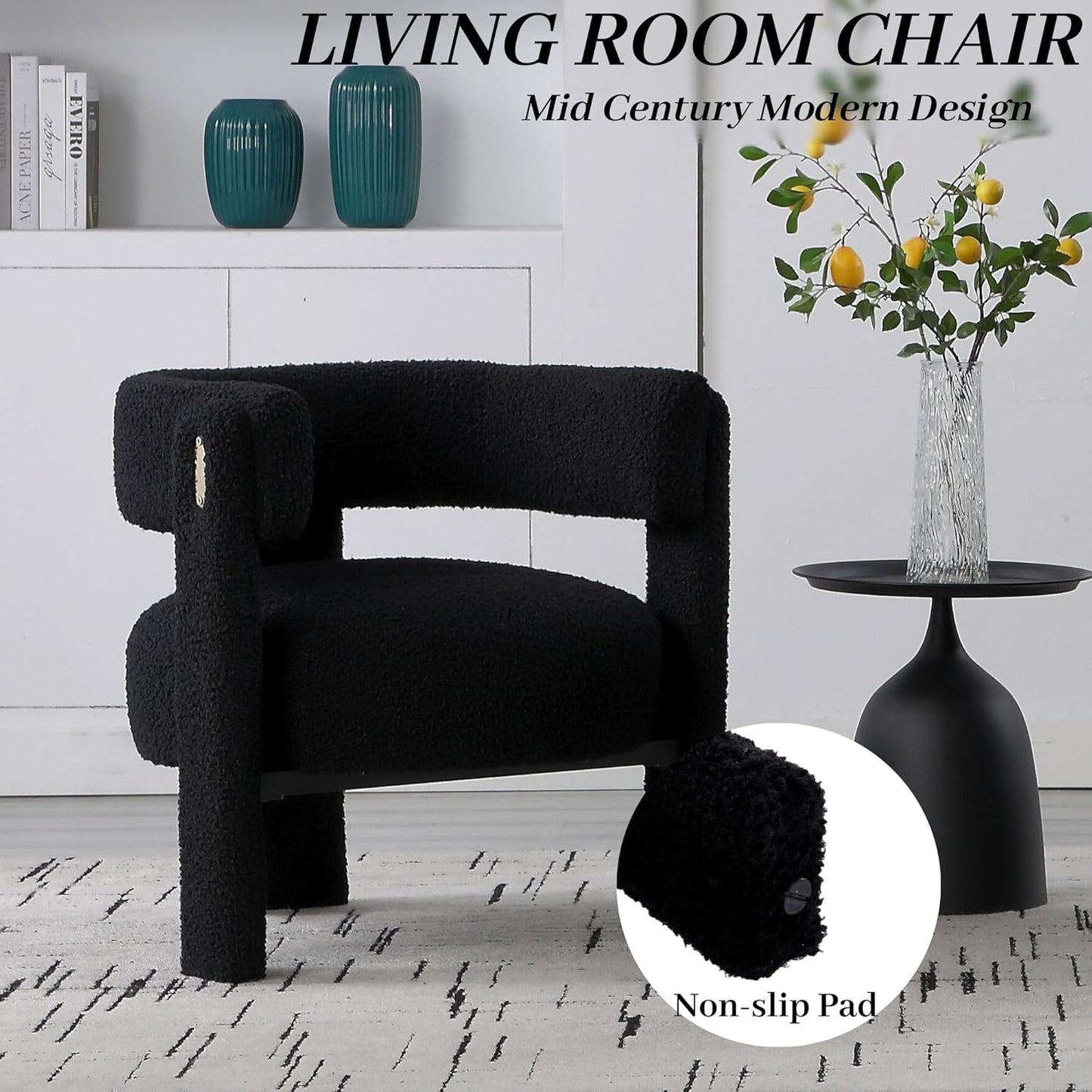 Wahson Modern Barrel Accent Chairs Set of 2 | Boucle Upholstered Armchair, Single Sofa, Side, Reading, Living Room Chair | Three Legs, Black Sherpa