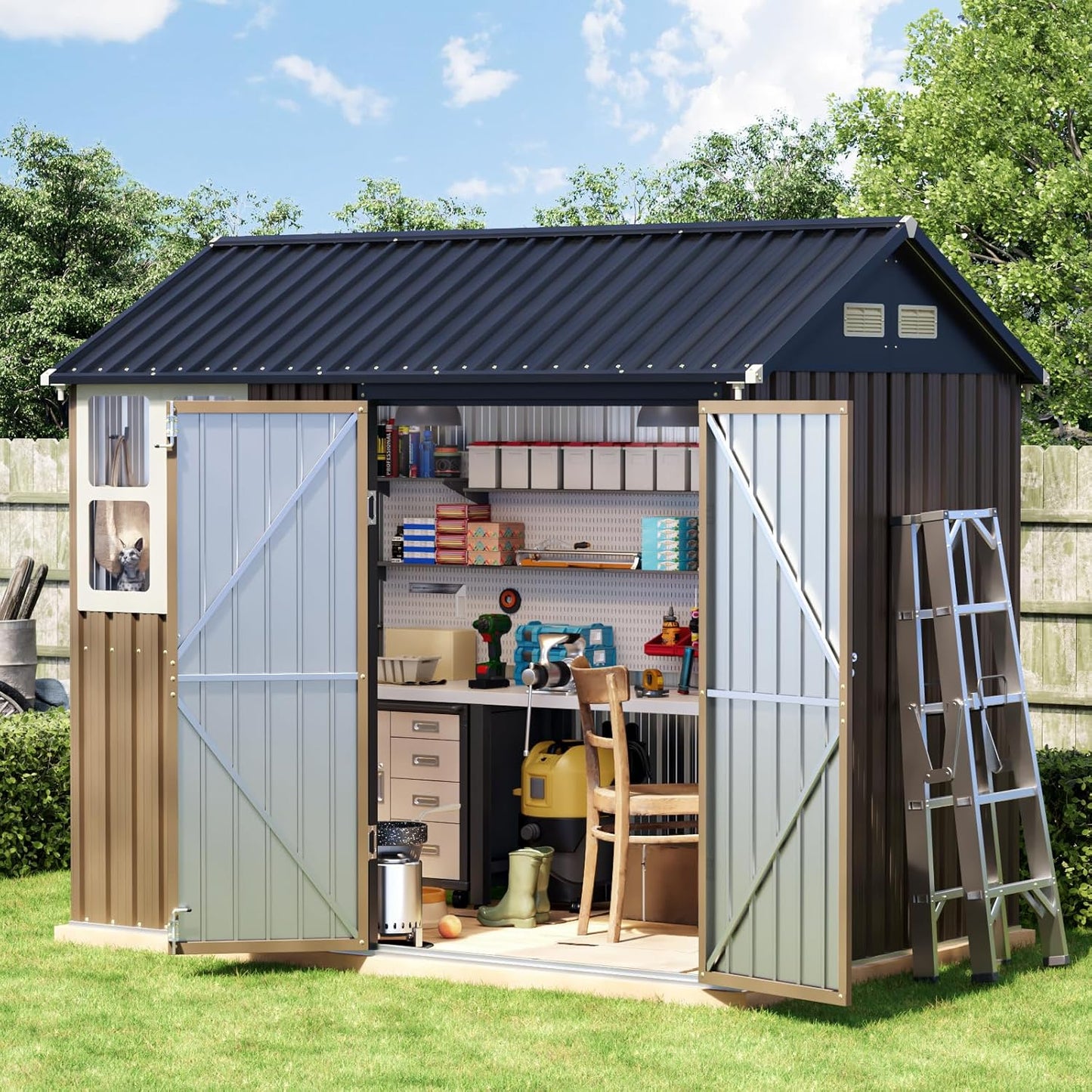 8x6 FT Outdoor Metal Storage Shed with Floor Frame, Double Doors, 1 Clear Window, Tool Shed for Garden, Patio, Backyard Brown
