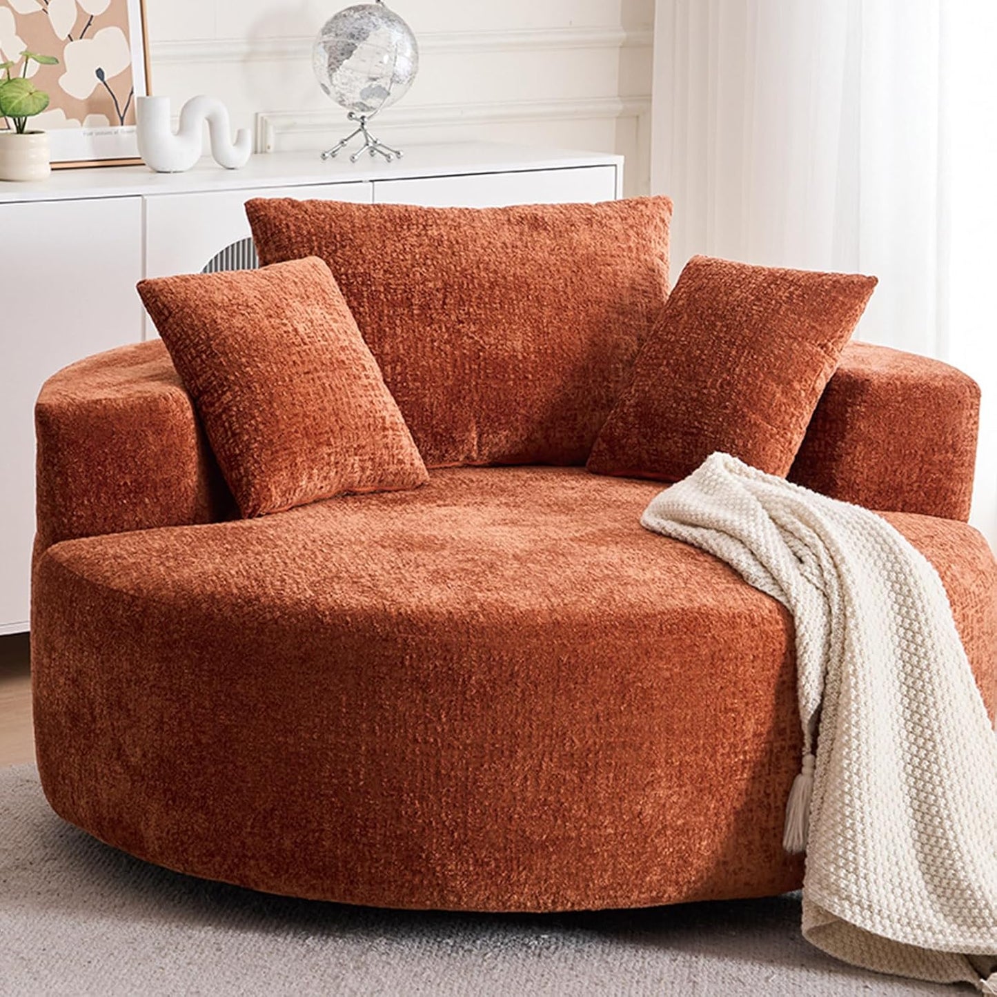 54.33" Oversized Round Chaise Longue Chair Indoor, 360° Swivel Round Upholstered Sofa, Modern Chenille Accent Chair with Pillow for Living Room, Bedroom Apartment,Green