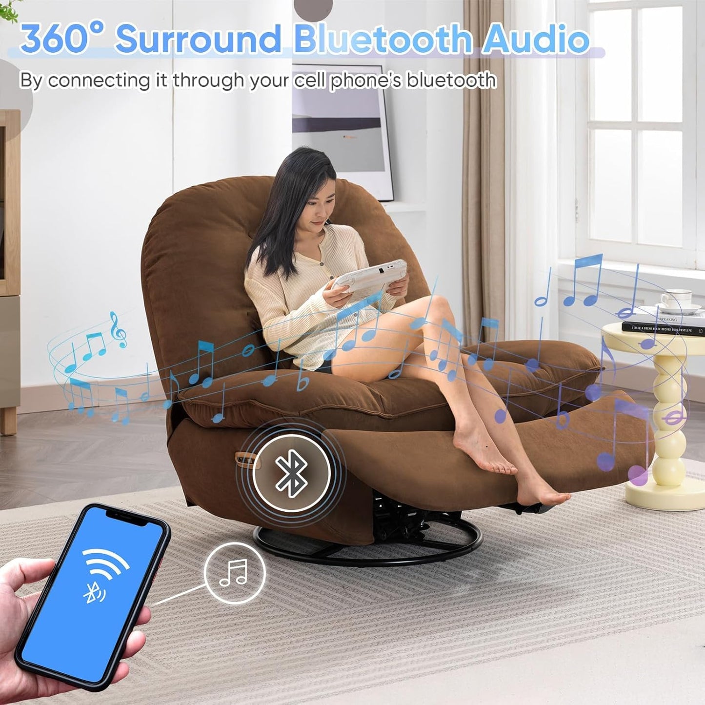 Smart Oversized Electric Recliner Chair, 360° Round Swivel Rocking Glider Rocker for Adults Modern Comfy Ergonomic Chaise Lounge Indoor, Theater Seating Living Room Chairs Reading, Dark Brown Fabric