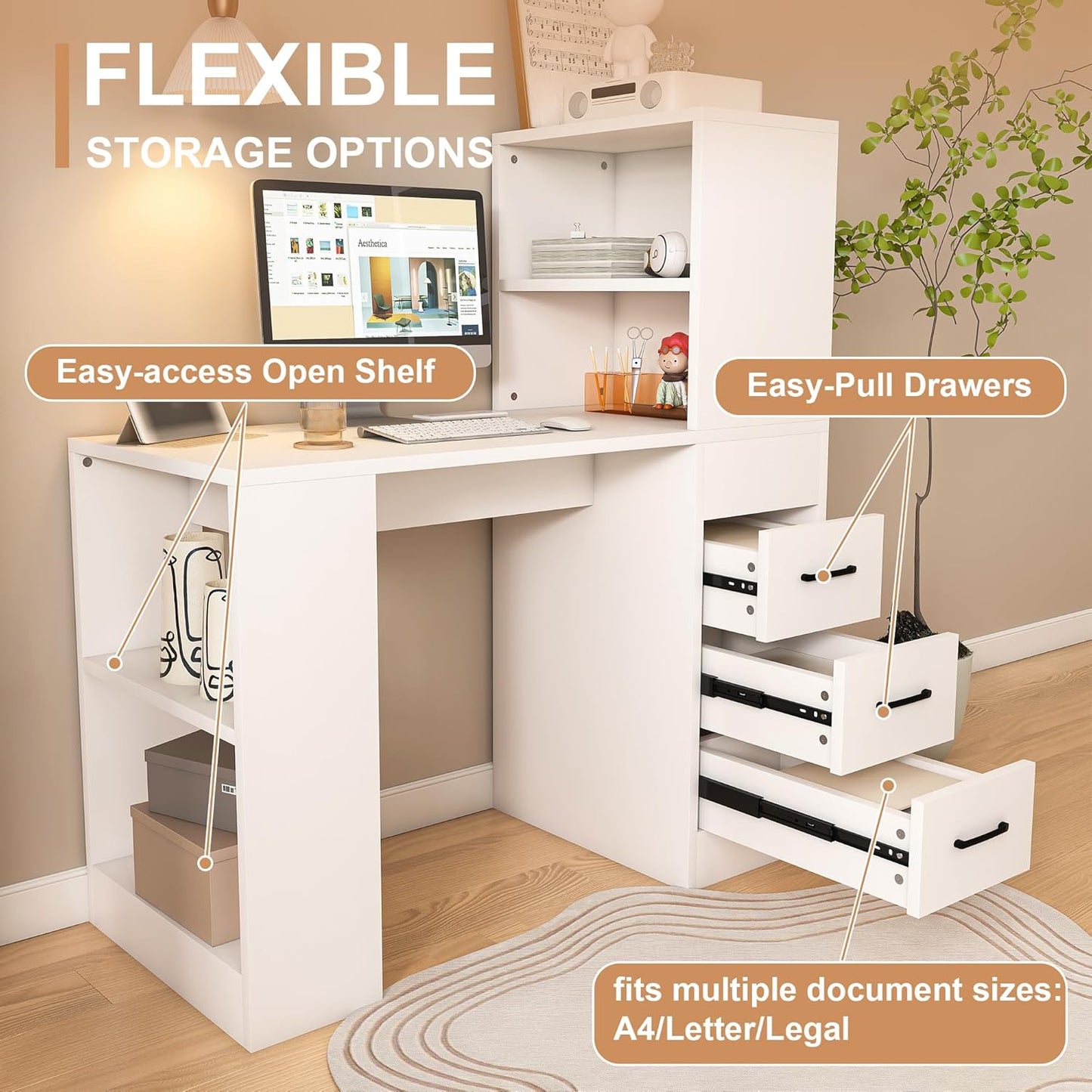 43" Small Gaming Desk with with 3 Drawers and 4 Shelves, White Computer Desk with Hutch and Storage Shelves, Home Office Desk with 4-in-1 Power Outlet Suitable for a Variety of Places