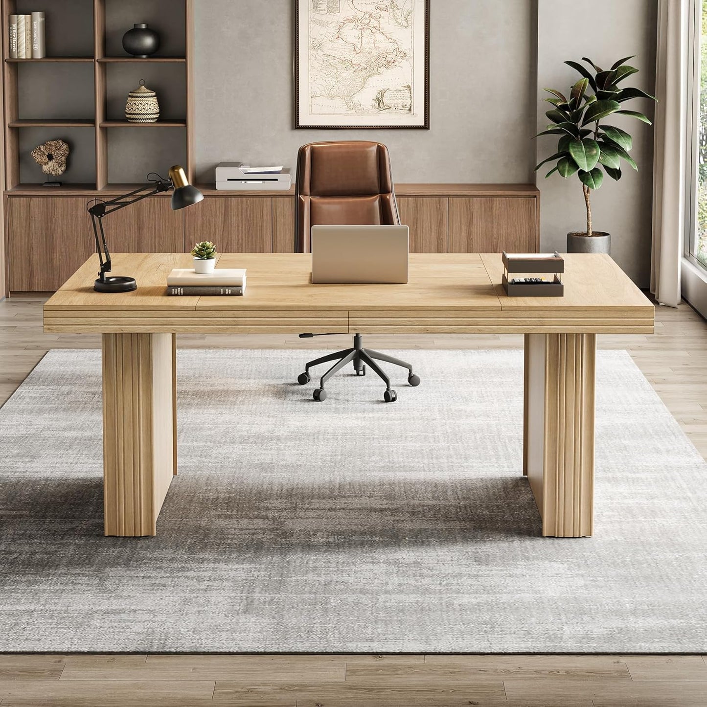 Tribesigns 63" Executive Desk, Large Office Computer Desk with Heavy-Duty Legs and Thickened Desktop, Elegant Writing Workstation Study Table Conference Table for Office, Natural