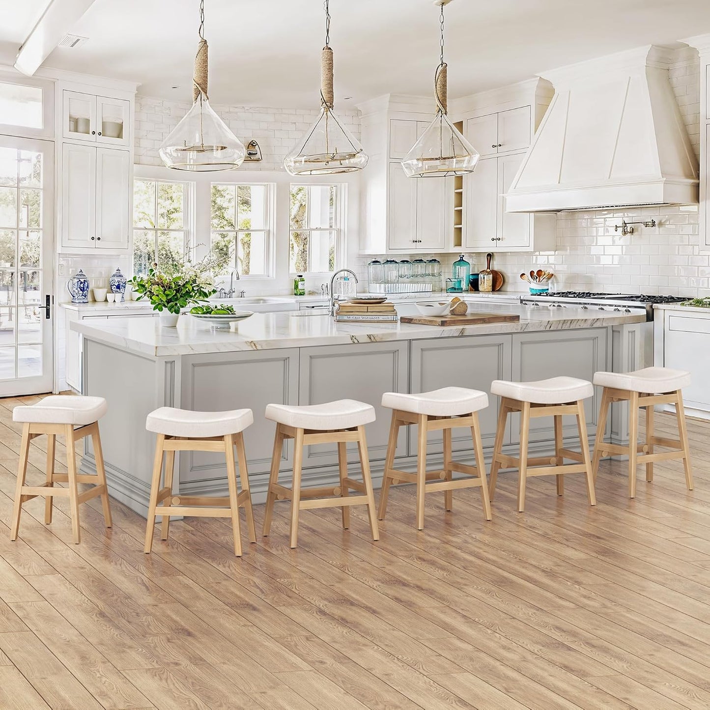 Bar Stools Set of 3, Barstools with Sturdy Wood Legs, Saddle Seat Counter Height Bar Stools for Kitchen Counter, Bar, Dining, 24 Inch Farmhouse Counter Stools, Antique White Leather