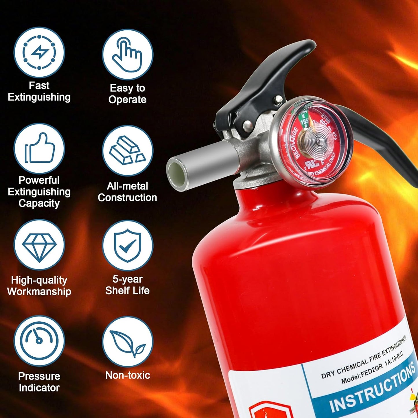 2 Pack Dry Chemical Fire Extinguishers 2.5 lb ABC, Home, Car, Boat Use, 1A:10B:C Rating, Quick Release Handle, Easy to Store and Carry Dry Powder Extinguisher