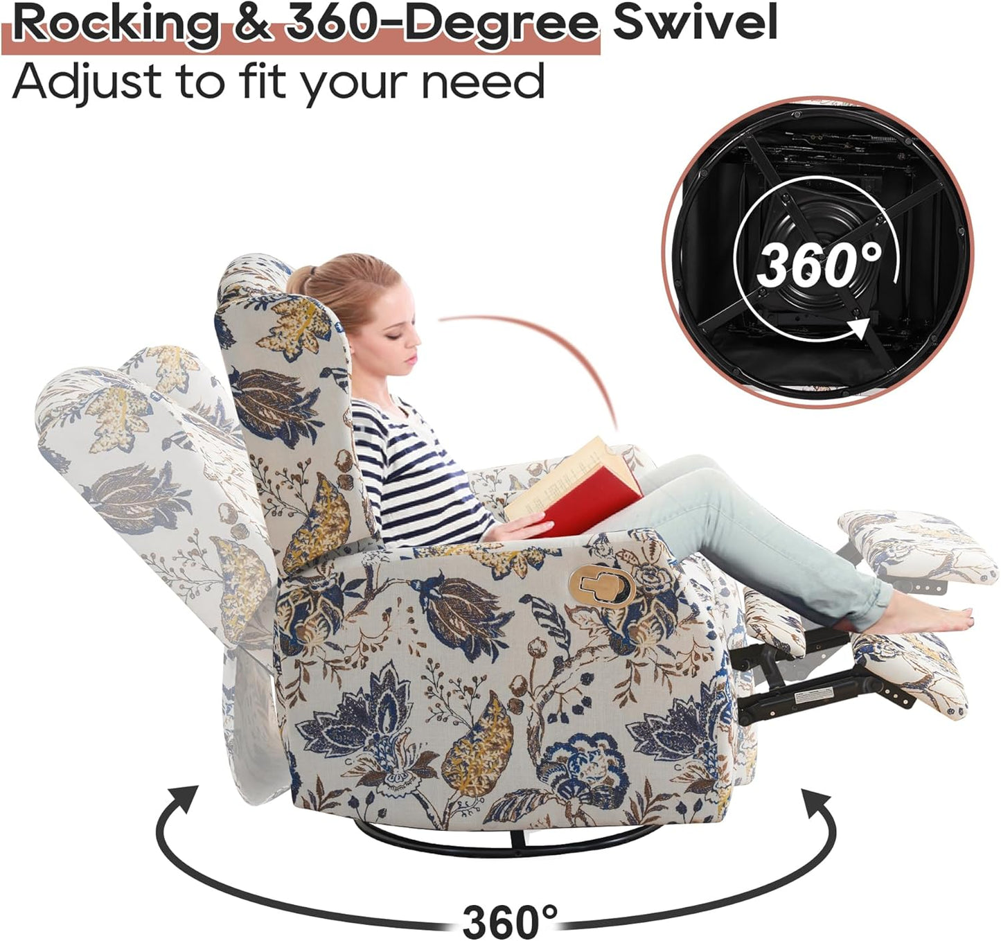 Swivel Rocker Recliner - Printed Modern Wingback Chair for Living Room, Nursery With Adjustable Backrest & Footrest, 360 Degree Swivel, Rocking, Blue Floral