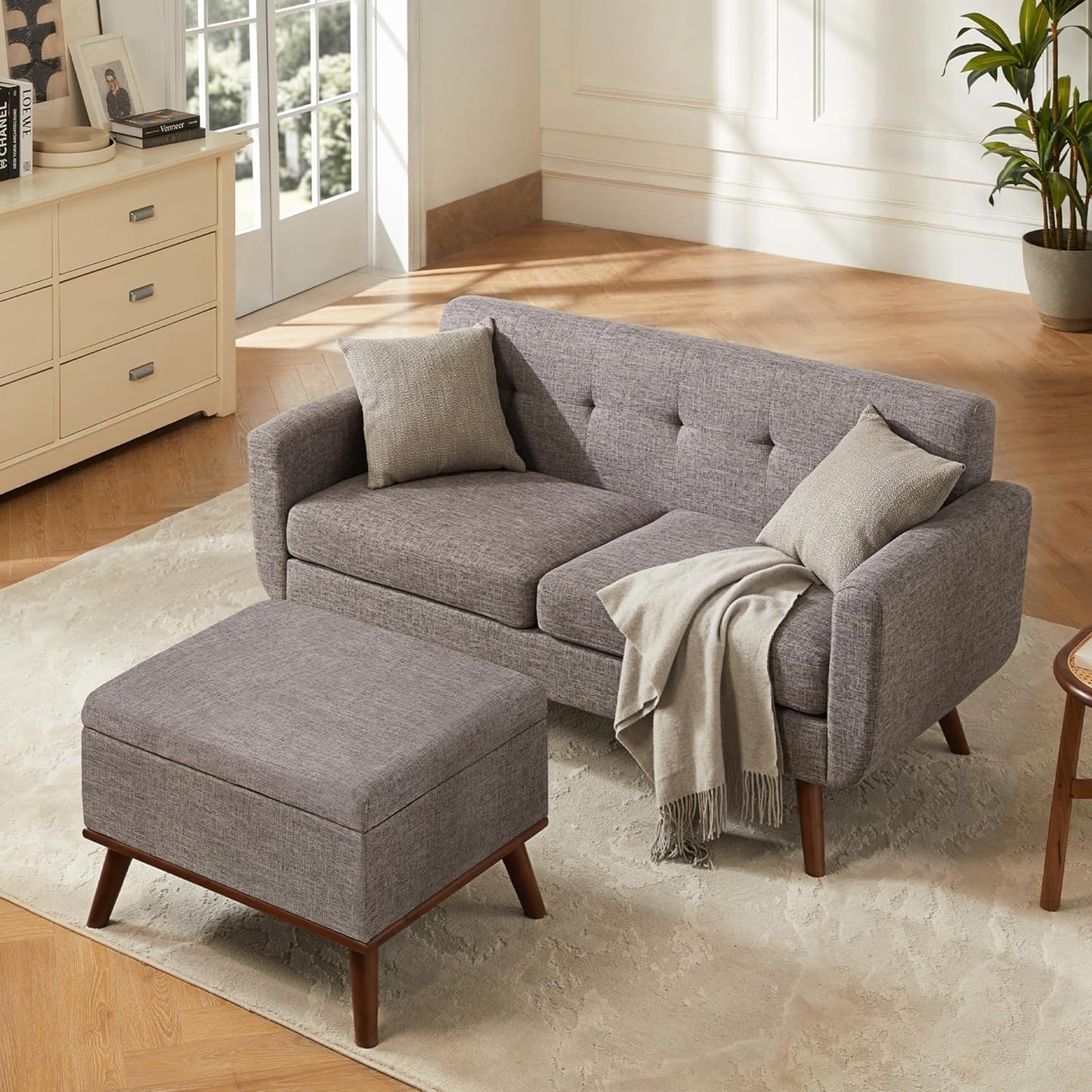 Tbfit 65" W Loveseat Sofa, Mid Century Modern Decor Love Seat Couches for Living Room, Button Tufted Upholstered Small Couch for Bedroom, Solid and Easy to Install Love Seats Furniture, Beige
