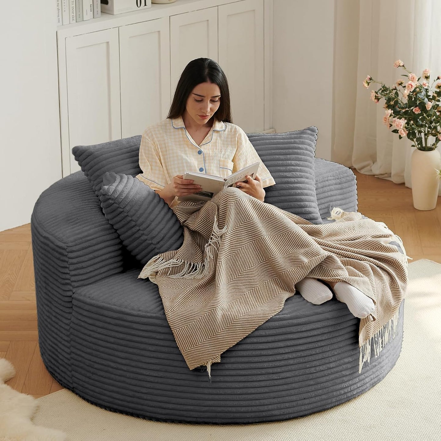 55" L Corduroy Sponge Single Sofa, Oversized Round Chair, Fluffy Modern Sleeper Chairs for Living Room, Lounge and Projection Room, Wide Armrest Lounge Chairs, Armchair with Pillow White