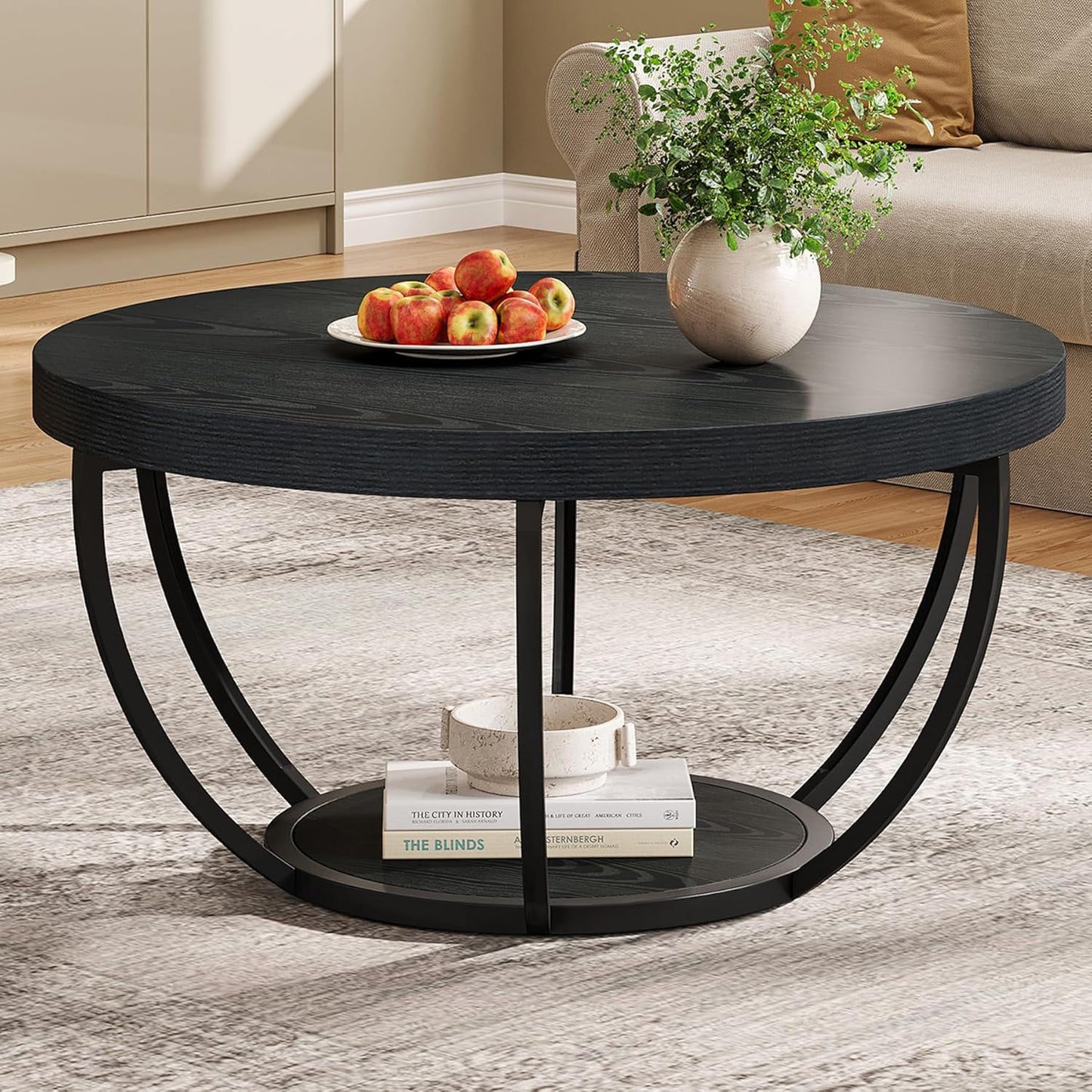 Tribesigns Round Coffee Table, 31.7" Wooden 2-Tier Circle Coffee Table with Storage Shelves, Modern Accent Cocktail Table Center Table for Living Room, Rustic Brown