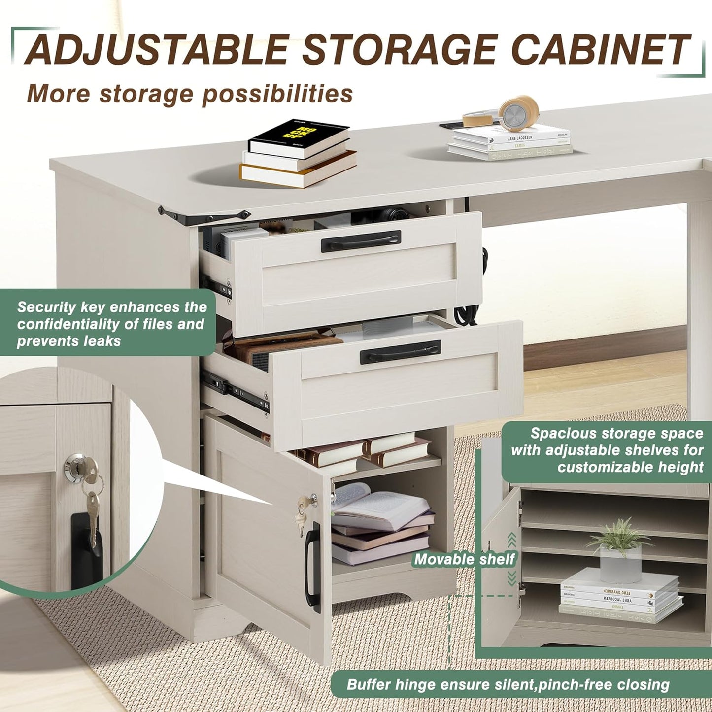 TITIMO 60" Executive L Shaped Desk with Drawers, Farmhouse Home Office Desk with Charging Station, Wood Corner Computer Desk with File Cabinet, Writing Computer Desk for Work and Study (Light Gray)