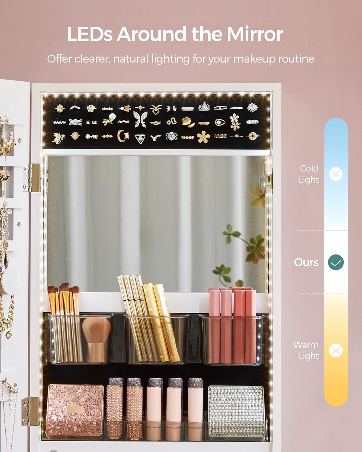 SONGMICS Mirror Jewelry Cabinet Armoire Organizer, Wall or Door Mount Storage Cabinet with Full-Length Frameless Lighted Mirror, Built-in Makeup Mirror, 2 Drawers, Lockable, White UJJC013W01