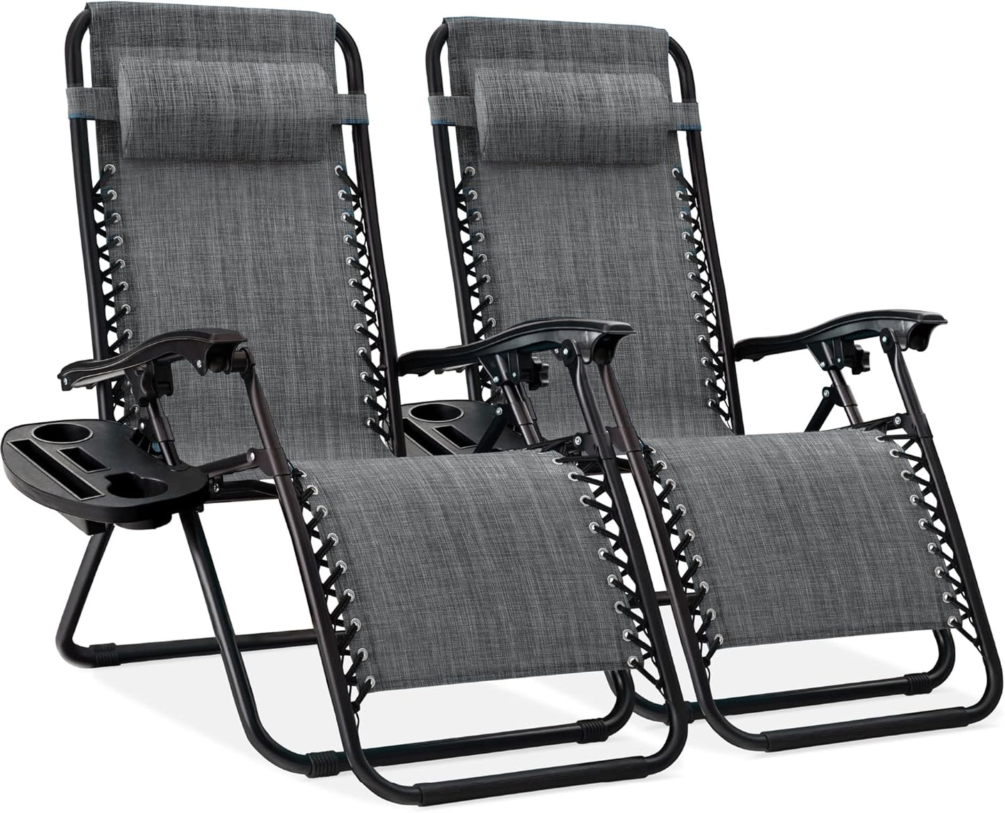 Best Choice Products Set of 2 Adjustable Steel Mesh Zero Gravity Lounge Chair Recliners w/Pillows and Cup Holder Trays - Black
