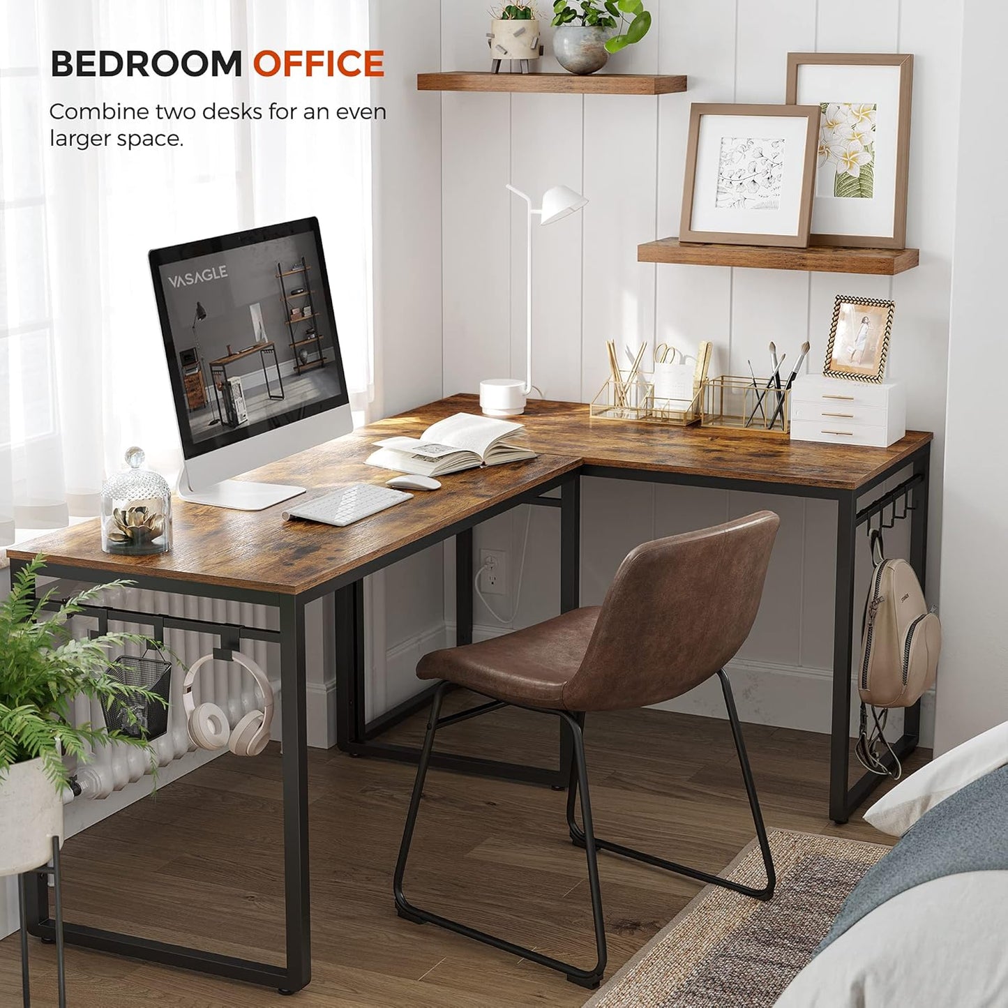 VASAGLE Computer Desk, Office Desk with 8 Hooks, for Study, Home Office, Easy Assembly, Industrial Design, 47.2 x 23.6 x 29.5 Inches, Rustic Brown ULWD58X