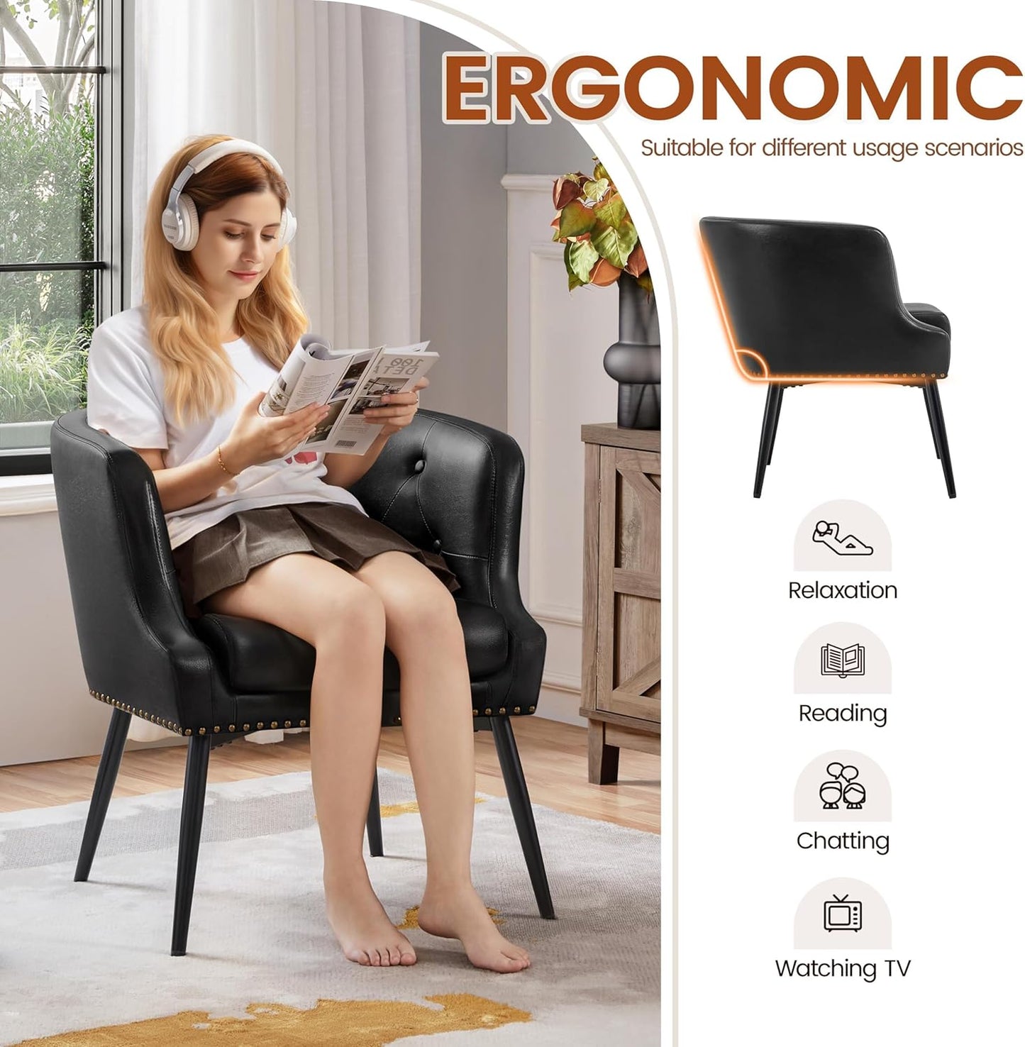 Topeakmart Mid-Century Modern Faux Leather Barrel Chair, Button Tufted Accent Armchair with Metal Leg, Recessed Armrest and Loose Seat Cushion for Living Room Bedroom, Black, 2pcs