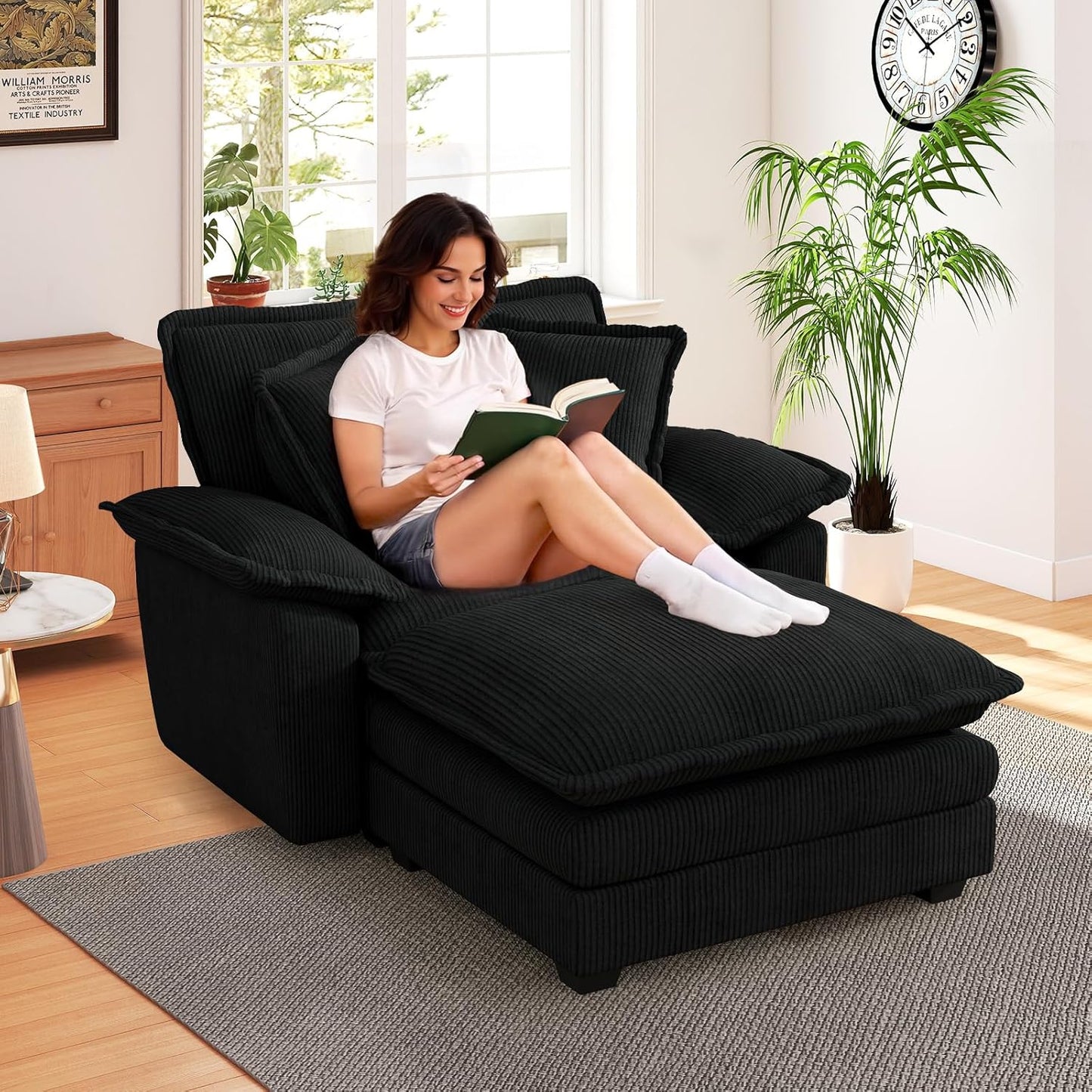 51" Oversized Chaise Lounge Chair Indoor with Storage Ottoman, Upholstered Cloud Accent Chair with Extra Wide Armrests, Comfy Beige Chenille Sleeper Chair for Living Room Bedroom Reading (Black)