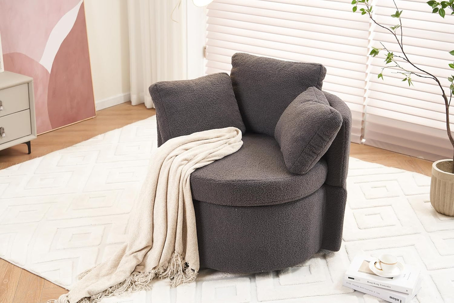 Swivel Accent Chair 360° Barrel Armchair with Storage, Modern Living Room Chair Upholstered Round Club Chair with Back Cushion, Teddy Fabric Comfy Chair for Bedroom Reading Room, Dark Grey