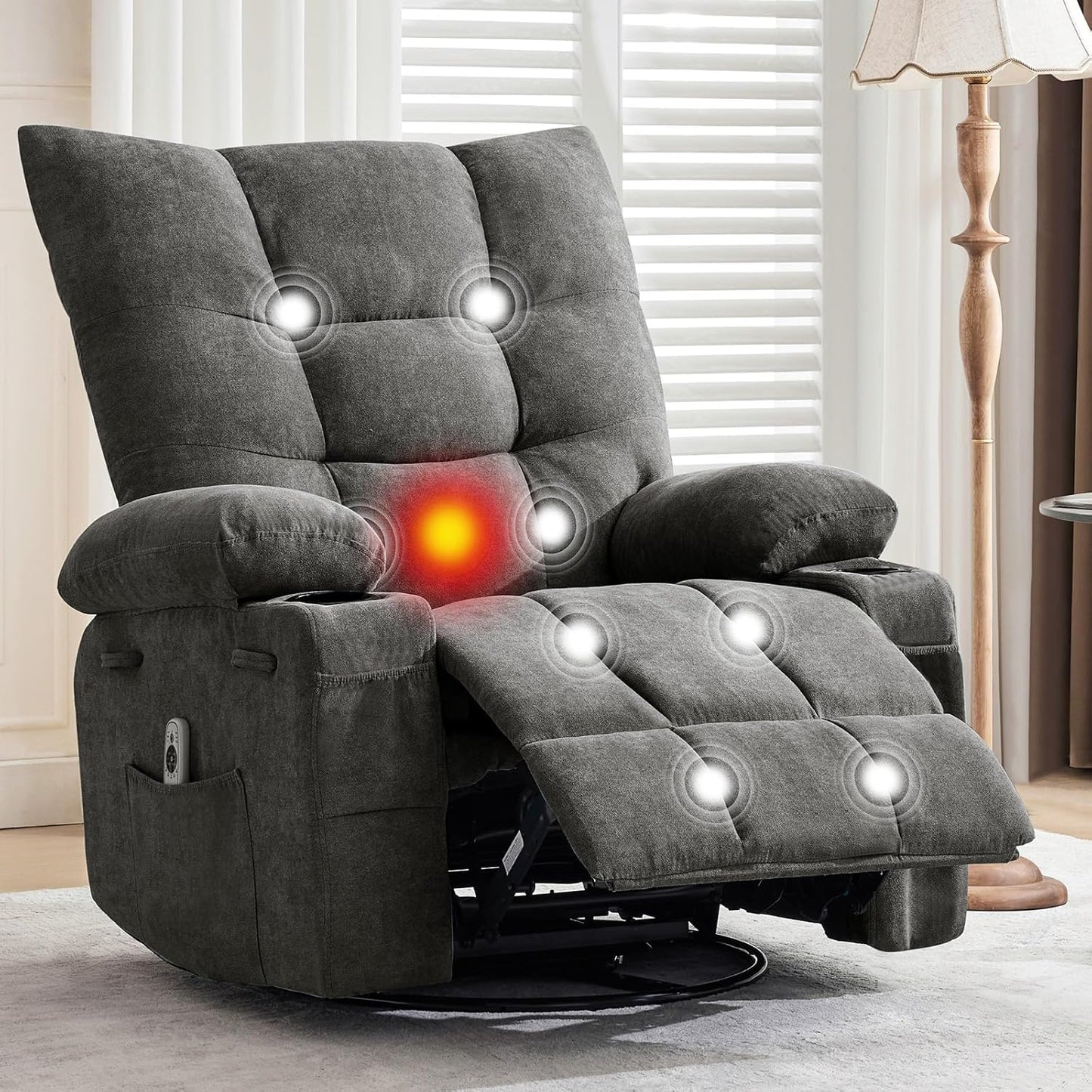 Swivel Rocker Recliner Chair with Heat and Massage,360 Degree Swivel Rocking Single Sofa with Cup Holders, Oversized Single Sofa Seat, Lazy Boy Recliner Chairs for Living Room