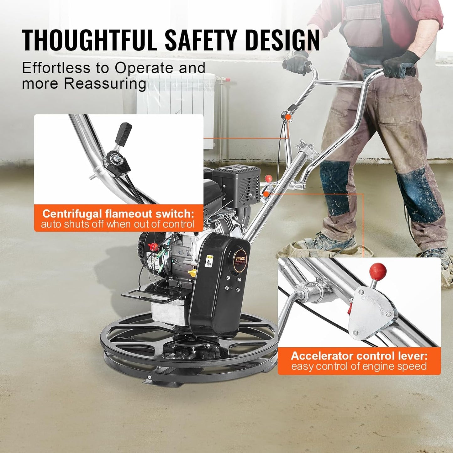 VEVOR Power Trowel, 24” Walk-Behind Cement Trowel with Float Pan, 6HP Gas-Powered Smooth Concrete Surface Finisher, Heavy Duty Commercial Screed Concrete Cement with Finishing Blade