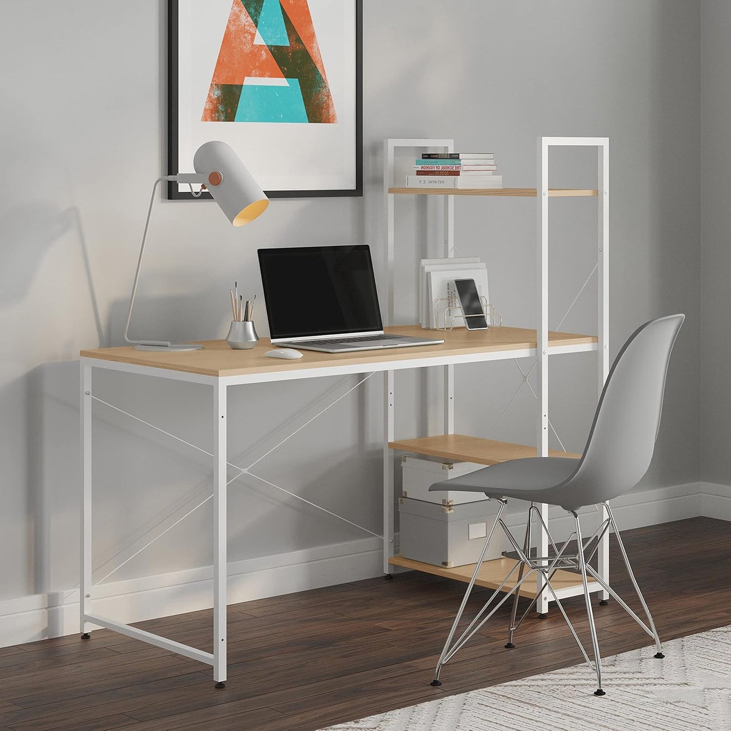 Ames 47" Reversible Gaming Computer Desk with Adjustable Shelves, Home Office Desk, Grommet Cable-Management, Leveler Feet, Easy Assembly, White/White