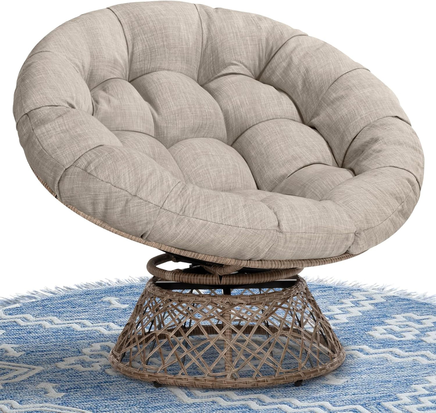 Bme 40" Ergonomic Wicker Papasan Chair with Soft Thick Density Fabric Cushion, High Capacity Steel Frame, 360 Degree Swivel for Living, Bedroom, Reading Room, Lounge, Silver Cloud - Black Base