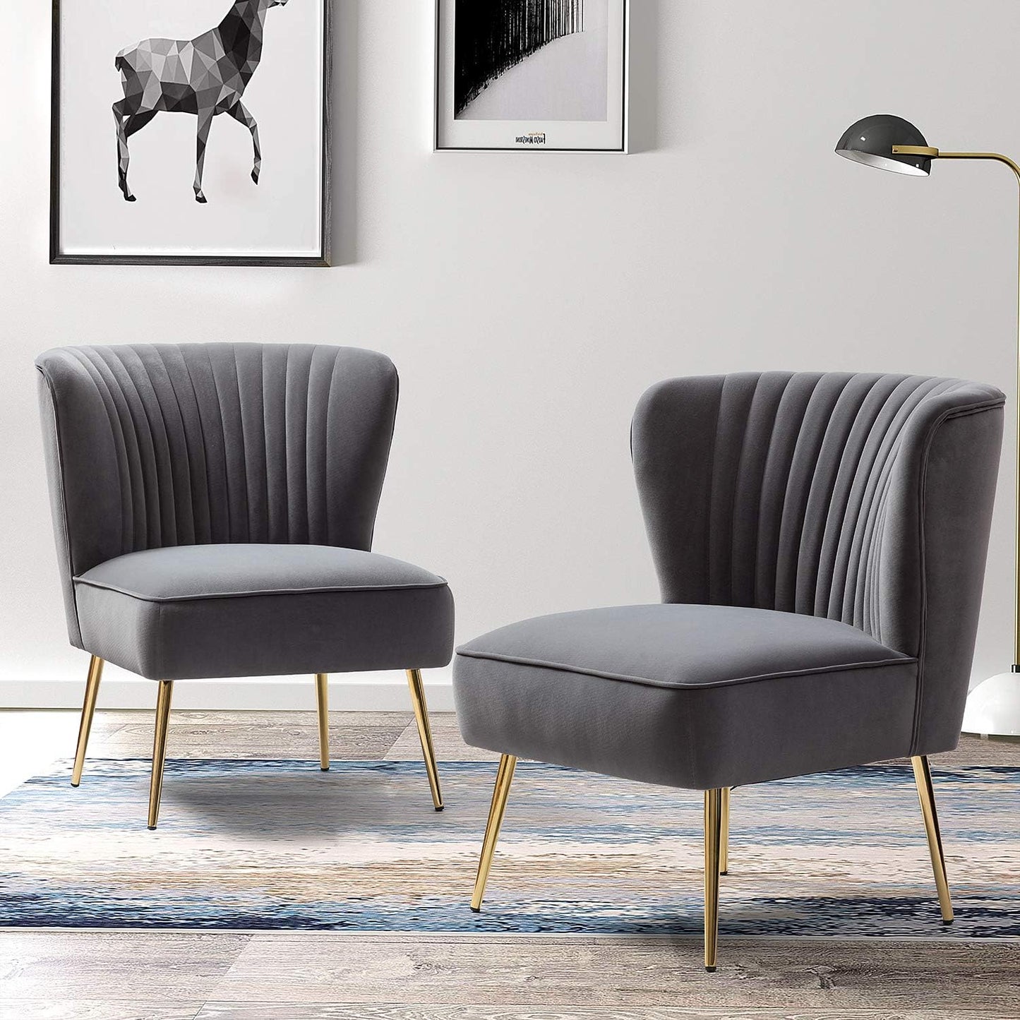 TINA'S HOME Velvet Accent Chair Set of 2 with Metal Golden Legs, Upholstered Armless Slipper Chair with Wingback, Mid Century Side Chair for Living Room Bedroom Makeup Vanity- Red