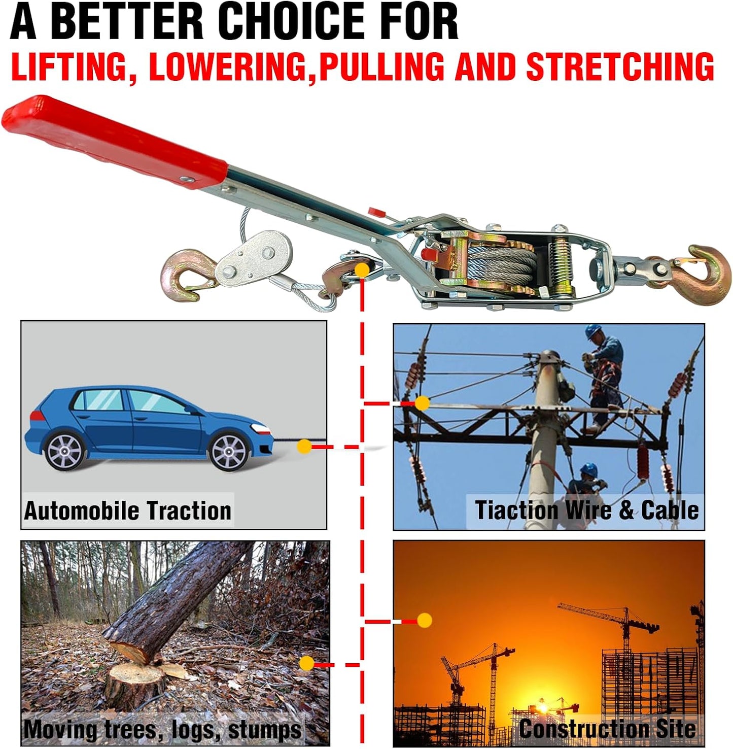 Come Along Winch - 11000 lbs/5T Pulling Capacity,12ft Steel Cable,3 Hooks,Dual Gear Power Puller,Automotive Hoist Cable Puller for Vehicle Rescue,Construction,and Farm