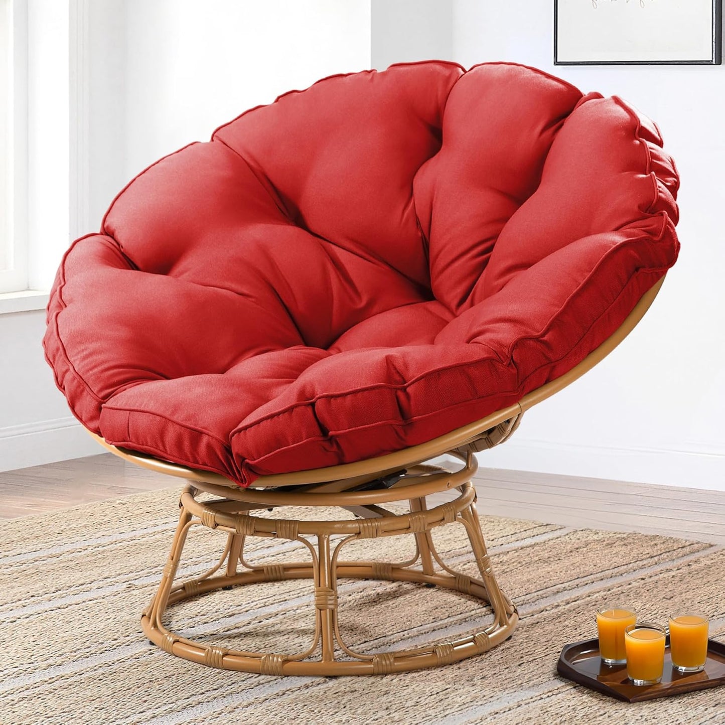41" Papasan Chair with Cushion and 360 Degree Swivel Base, Papasan Lounge Chair with Cushion and Sturdy Frame, Large Saucer Chair, Circle Chair, Round Chair, Bronze/Beige
