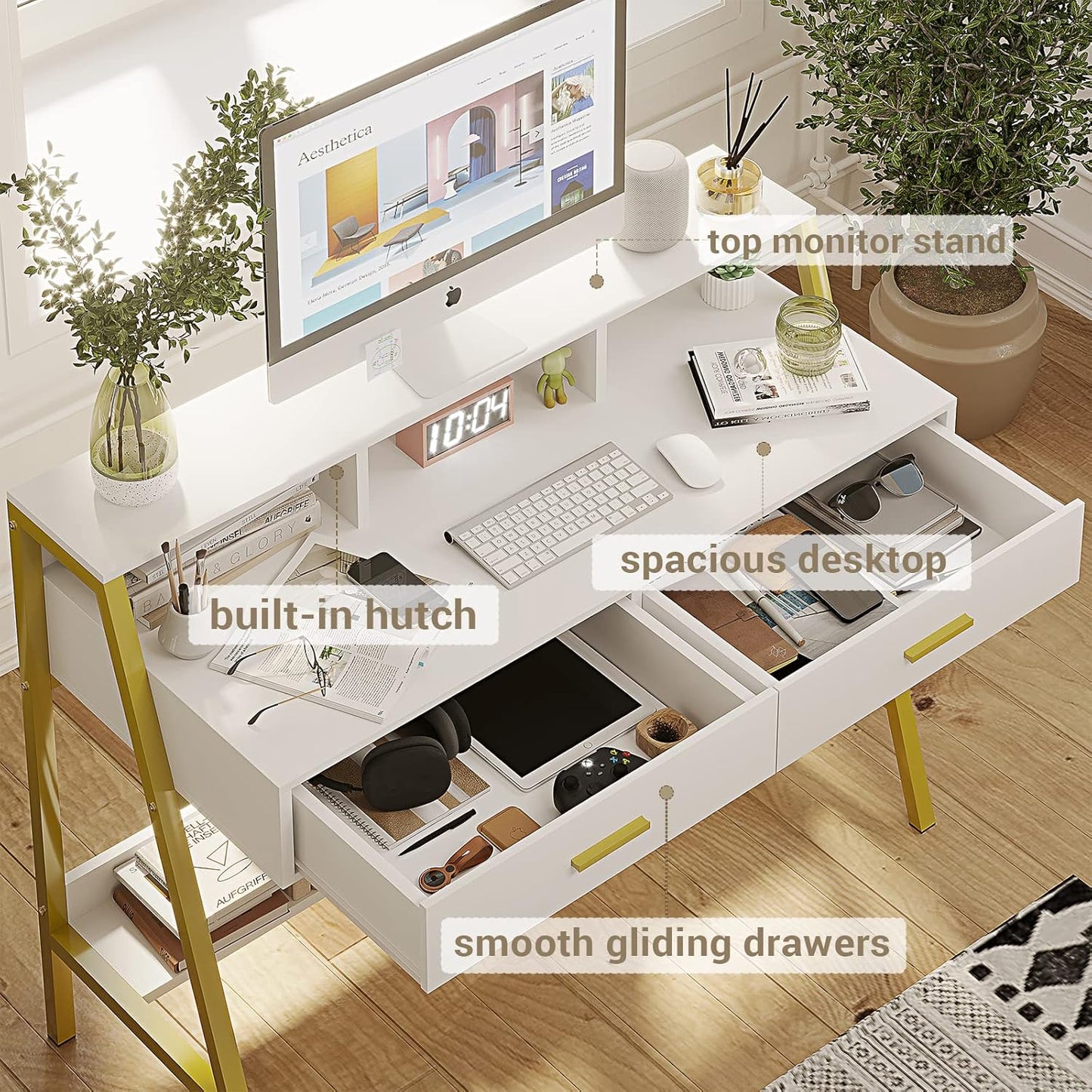 Tiptiper Computer Desk with Drawers, Hutch & Moniter Stand, Home Office Writing Study Desk Workstation Table with Bookshelf, for Work & Study, Small Spaces, White and Gold