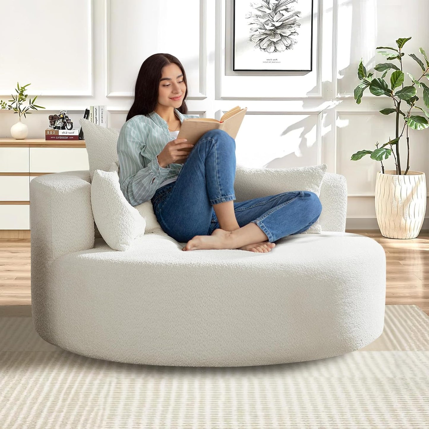 55"W Oversized Round Swivel Accent Barrel Chair,360° Rotating Upholstered Chenille Chaise Lounge Sofa Chair with Wide Armrests&Pillows,Large Modern Comfy Armchair for Living Room,Bedroom,Office(Beige)