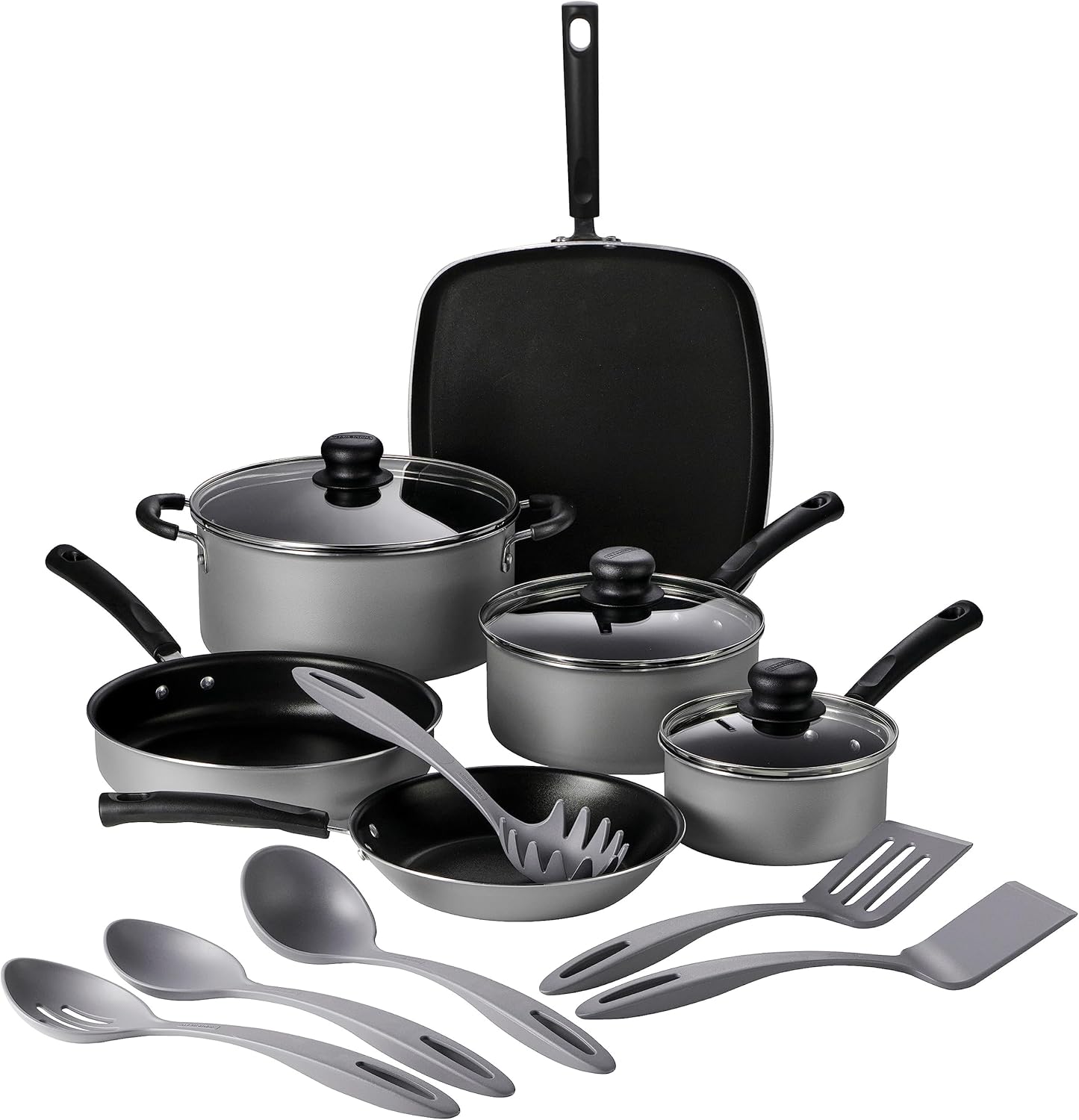 Tramontina Primaware 15-Piece Non Stick Cookware Set with Lids and Utensils, Aluminum Nonstick Pots and Pans Kitchen Set (Storm)