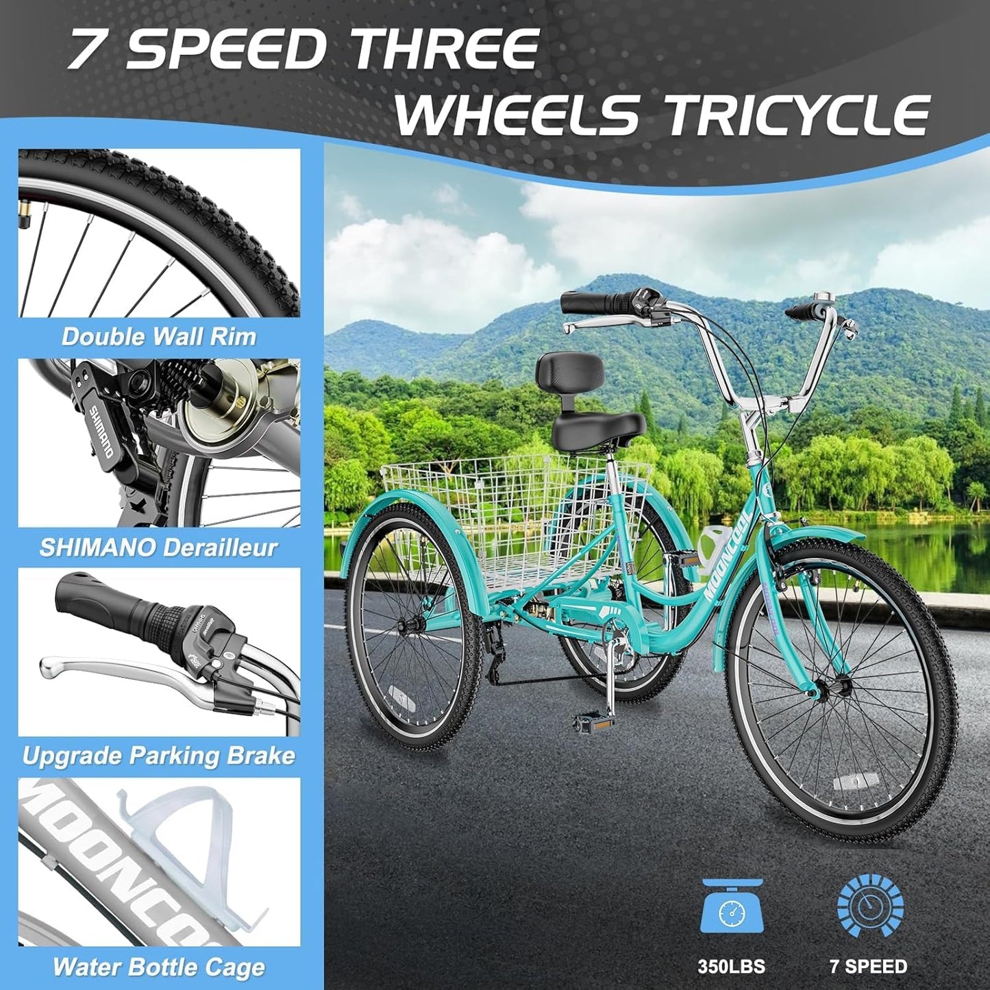 Slsy Adult Tricycles 7 Speed, Adult Trikes 20/24/26 inch 3 Wheel Bikes, Three-Wheeled Bicycles Cruise Trike with Shopping Basket for Seniors, Women, Men