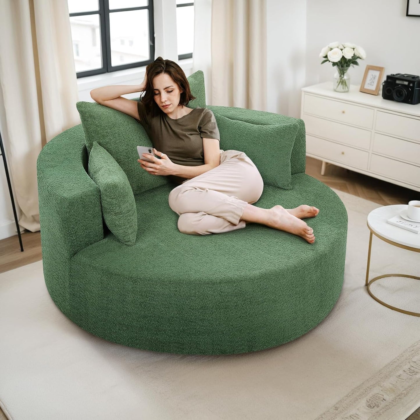 55.1” Oversized Round Swivel Barrel Chair, Large Upholstered Accent Sofa Chair with 3 Pillow, Comfy Chenille Cloud Circle Reading Chaise Lounge Indoor for Living Room, Bedroom,Apartment,Green