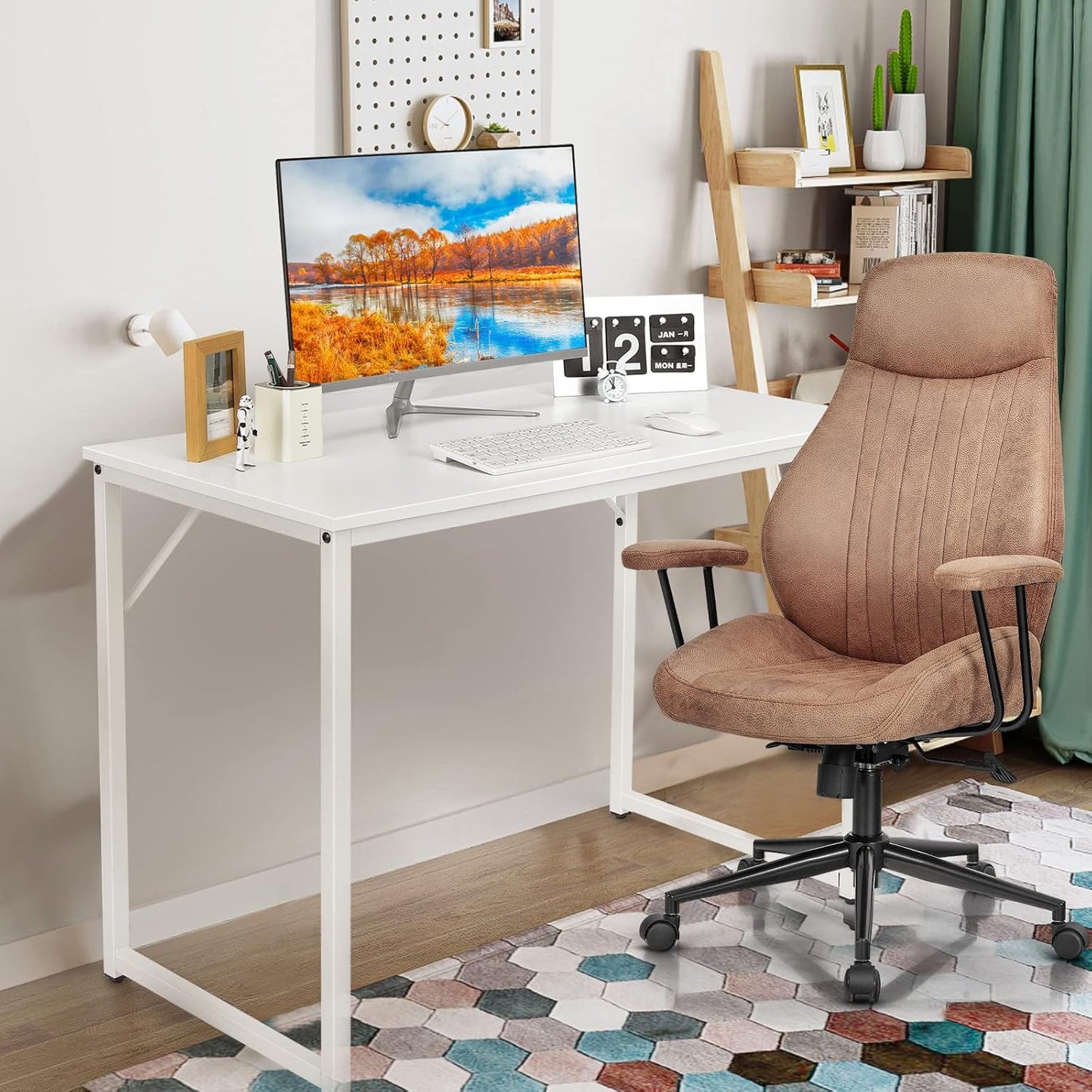 Tangkula White Computer Desk, Small Study Writing Desk with Sturdy Metal Frame, Modern Simple Laptop Desk for Home Office, Easy Assembly