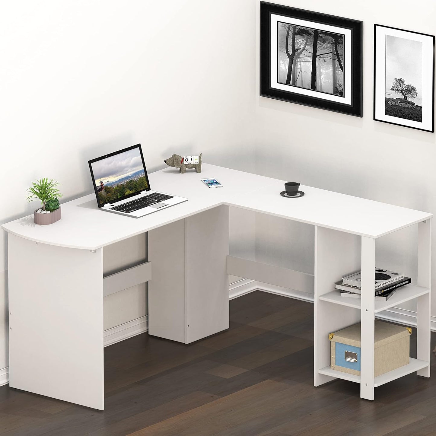 SHW 51 x 51 Inches L-Shaped Home Office Wood Corner Desk wtih Storage, Walnut