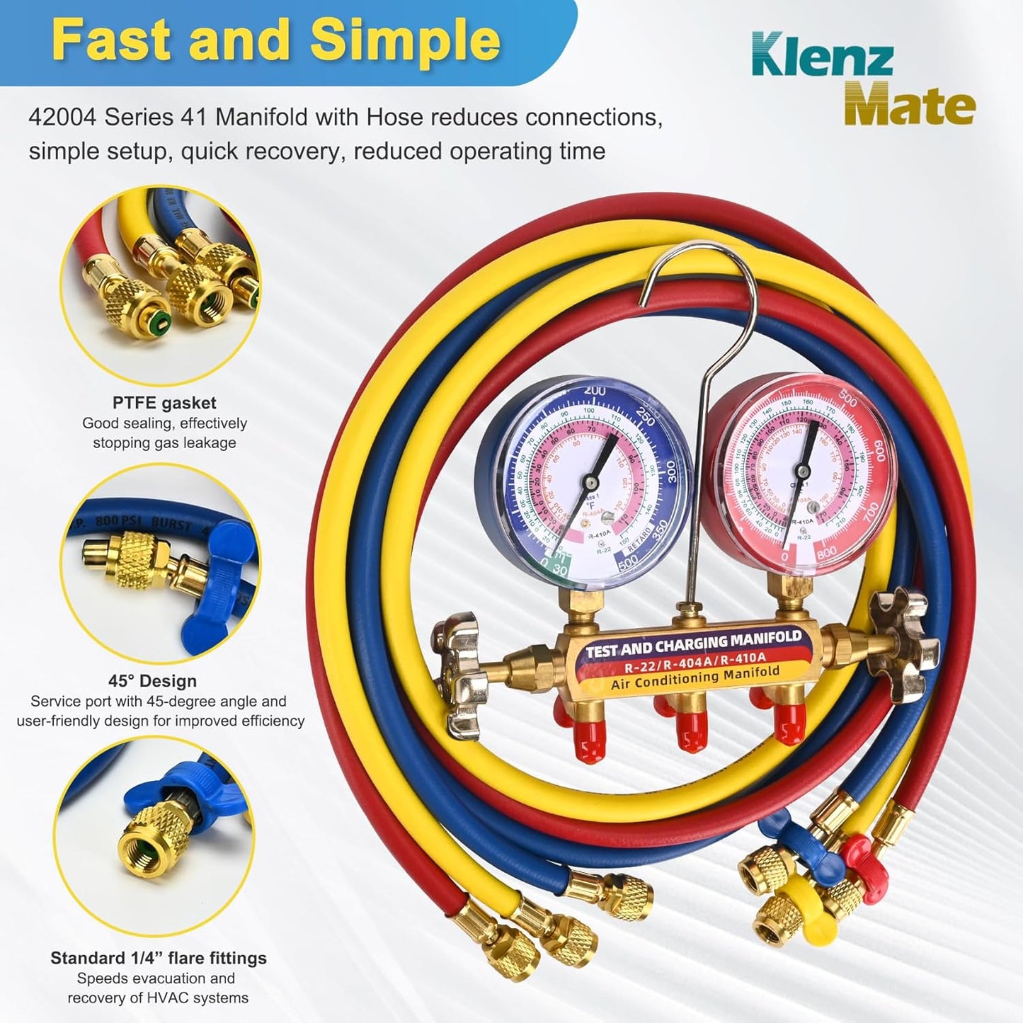 42004 Test and Charging Manifold with 3-1/8" (80 mm) Gauges, 1/4" Standard Flare Fitting, HVAC Color-Coded Gauges with 60" Hoses, 2-Valve, HVAC Manifold for R-22/404A/410A, Yellow/Red/Blue