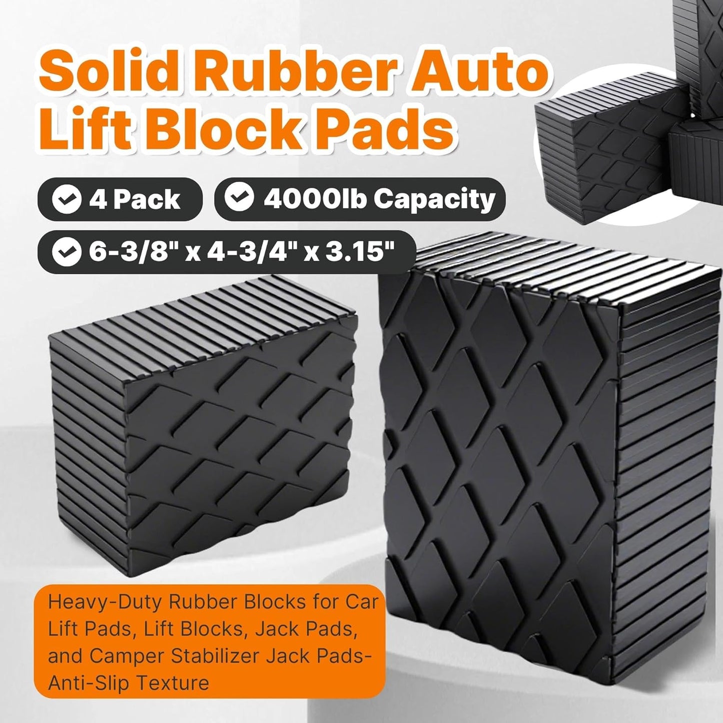 4 Pack 6-3/8" x 4-3/4" x 3.15" Solid Rubber Auto Lift Block Pads, Heavy-Duty Rubber Blocks for Car Lift Pads, Lift Blocks, Camper Stabilizer Jack Pads-Anti-Slip Texture,4000lb Capacity